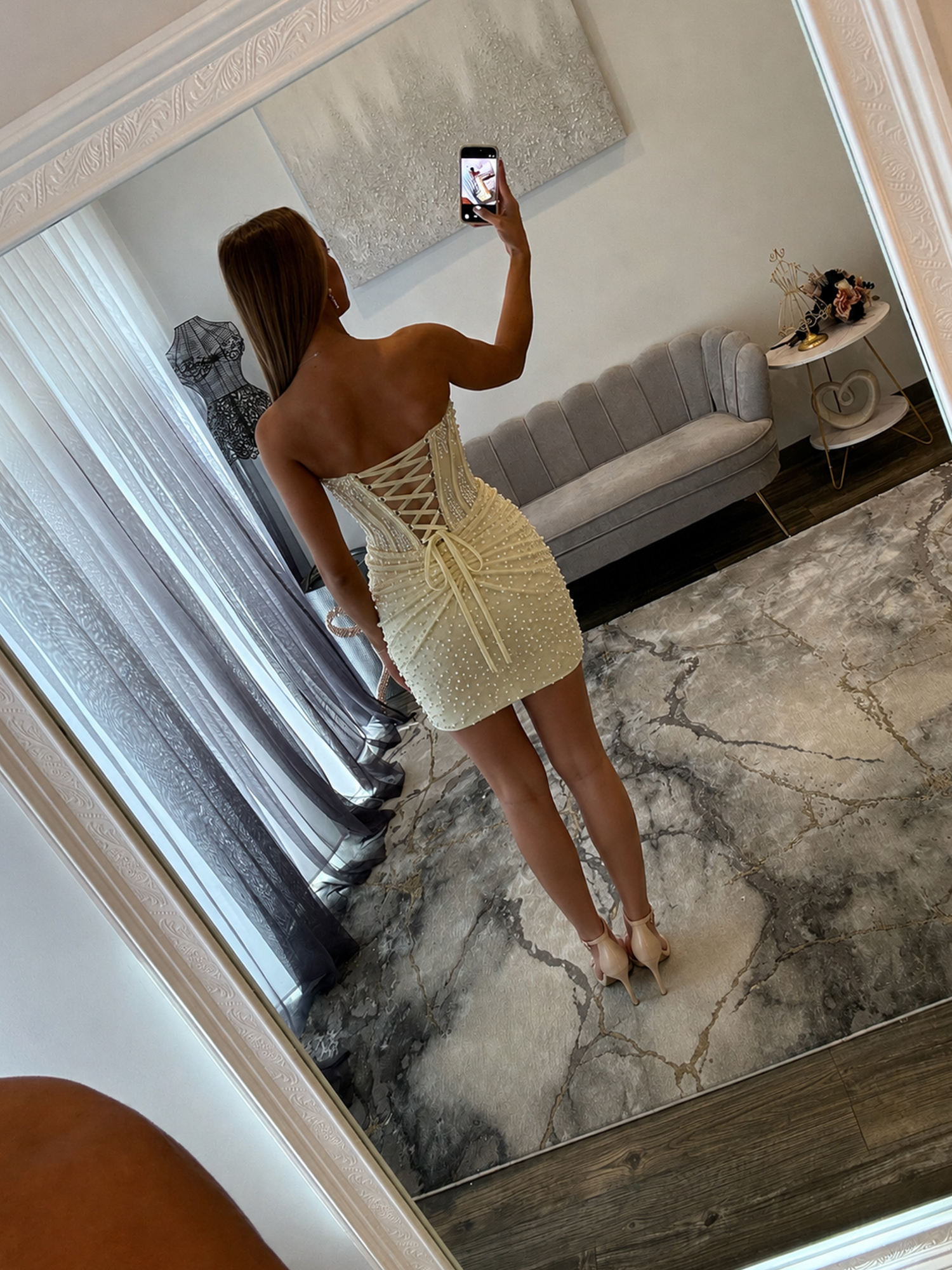 Lilac Pearl-Embellished Ruched Corset Short Homecoming Dress