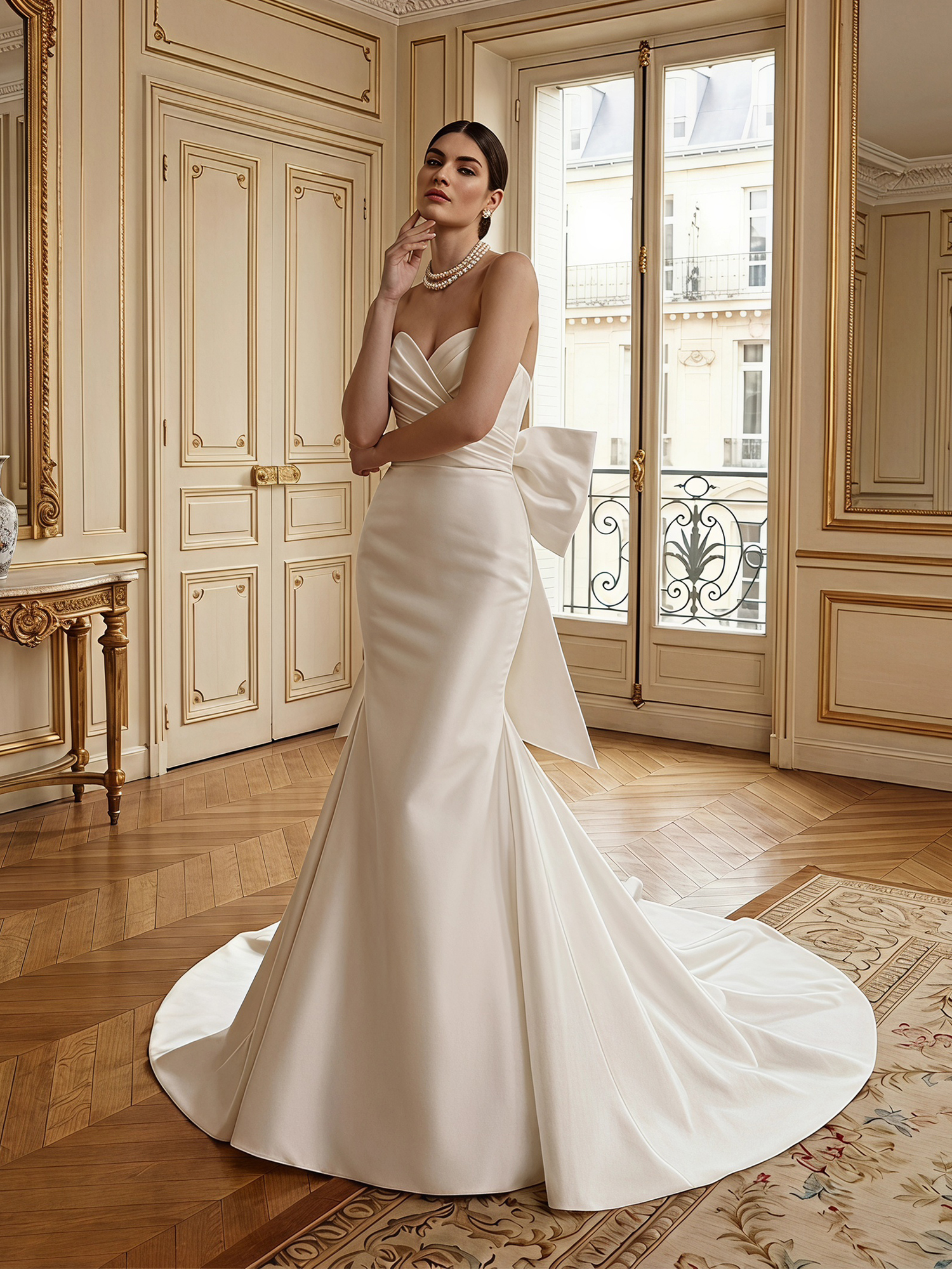 Statuesque Ivory Satin Mermaid Wedding Dress with Dramatic Statement Bow