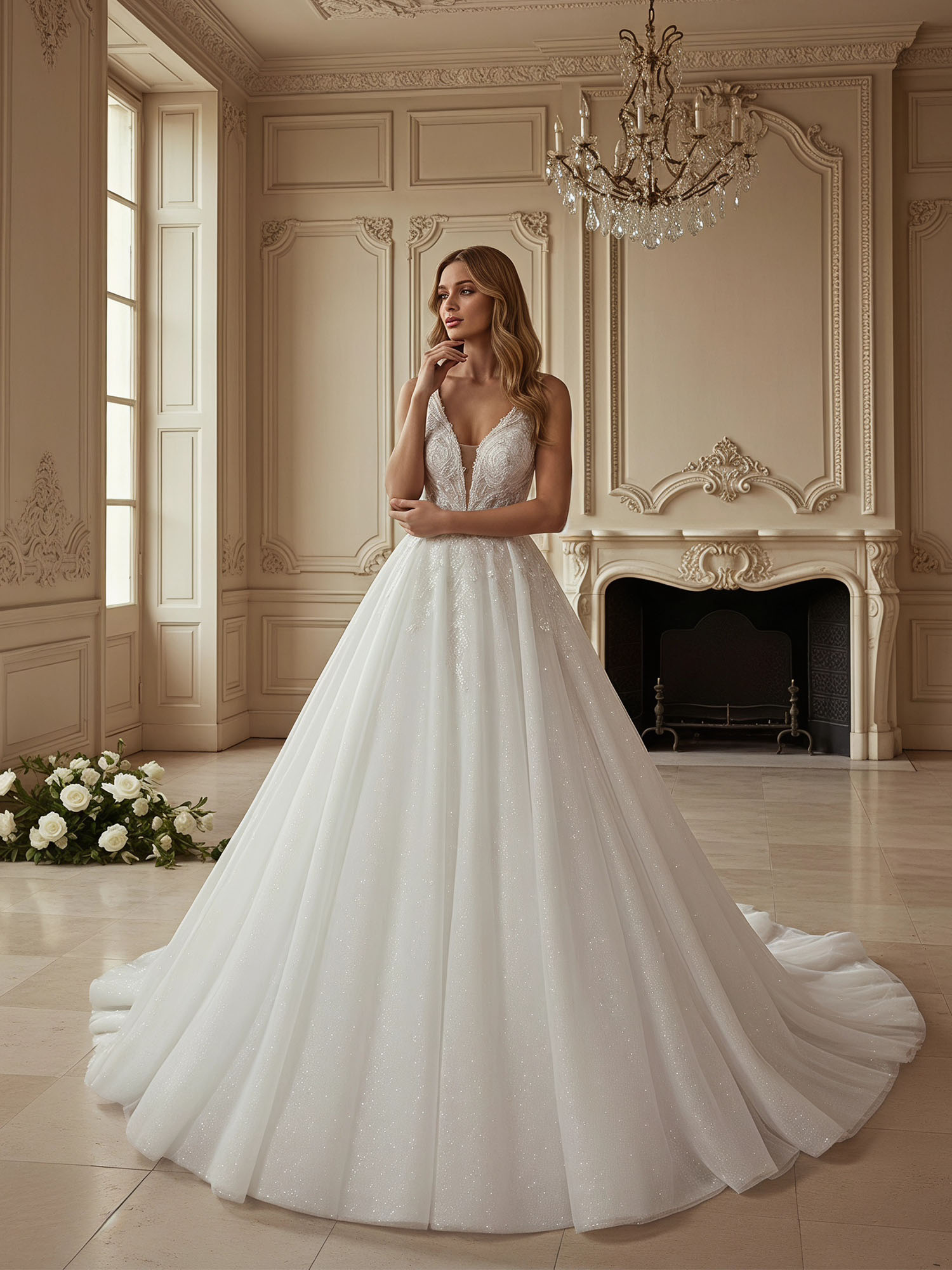 Ivory Shimmering Celestial Lace A-Line Wedding Dress