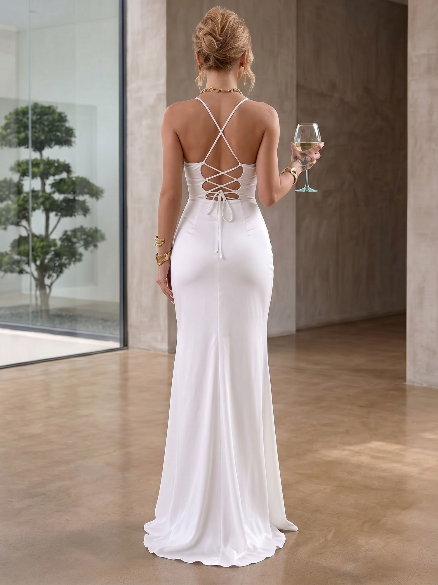 White Halter Corset Mermaid Wedding Dress with Slit