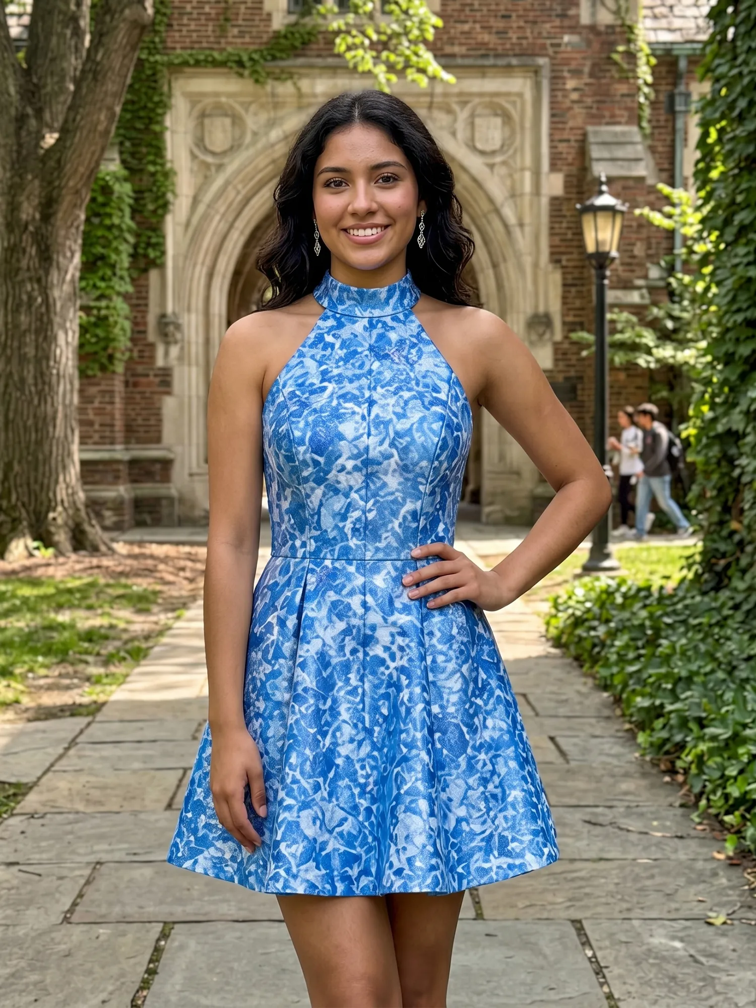 Blue Floral Print Halter Neck A-Line Homecoming Dress