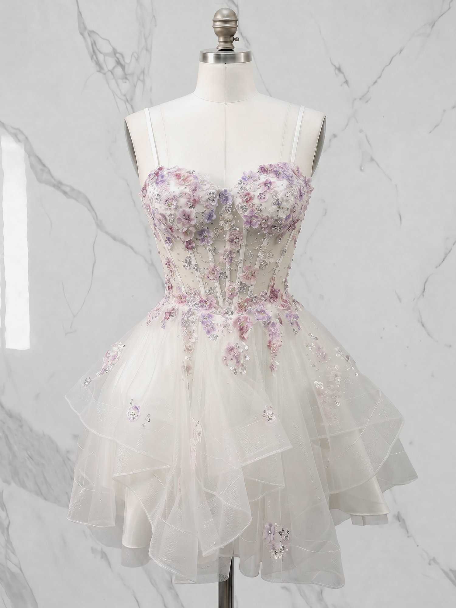 Lavender Mist 3D Floral Corset Tiered Mini Dress with Slender Straps Homecoming Dress