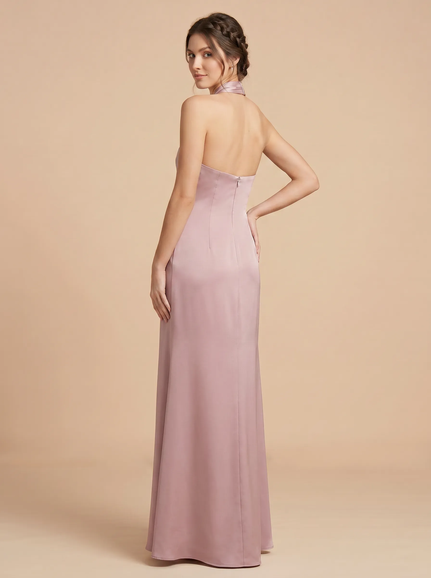 Dusty Rose Cross Halter Neck Satin Mermaid Bridesmaid Dress