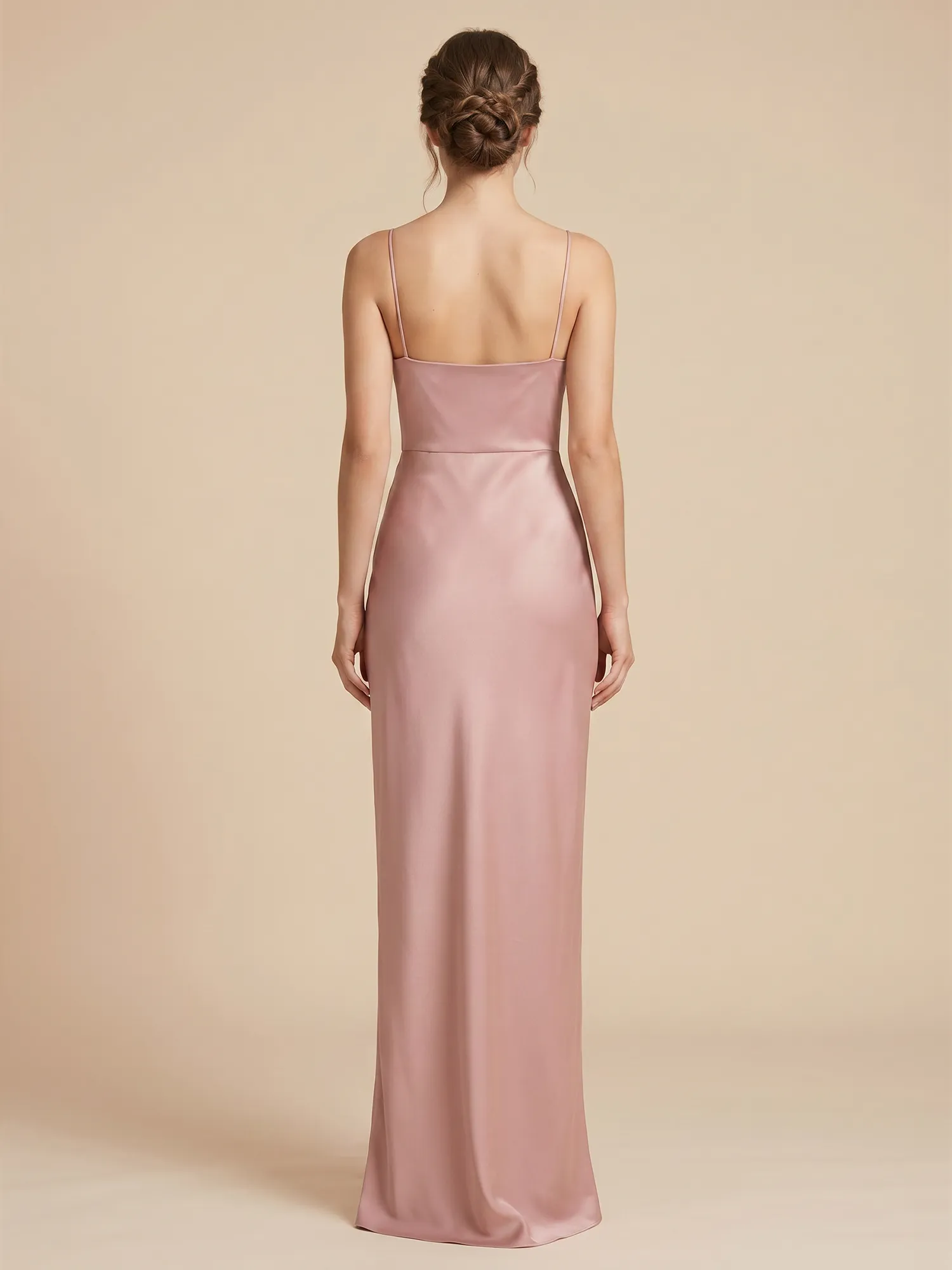 Dusty Rose Spaghetti Strap V-Neck Satin Bridesmaid Dress with Wrap Draping & Slit