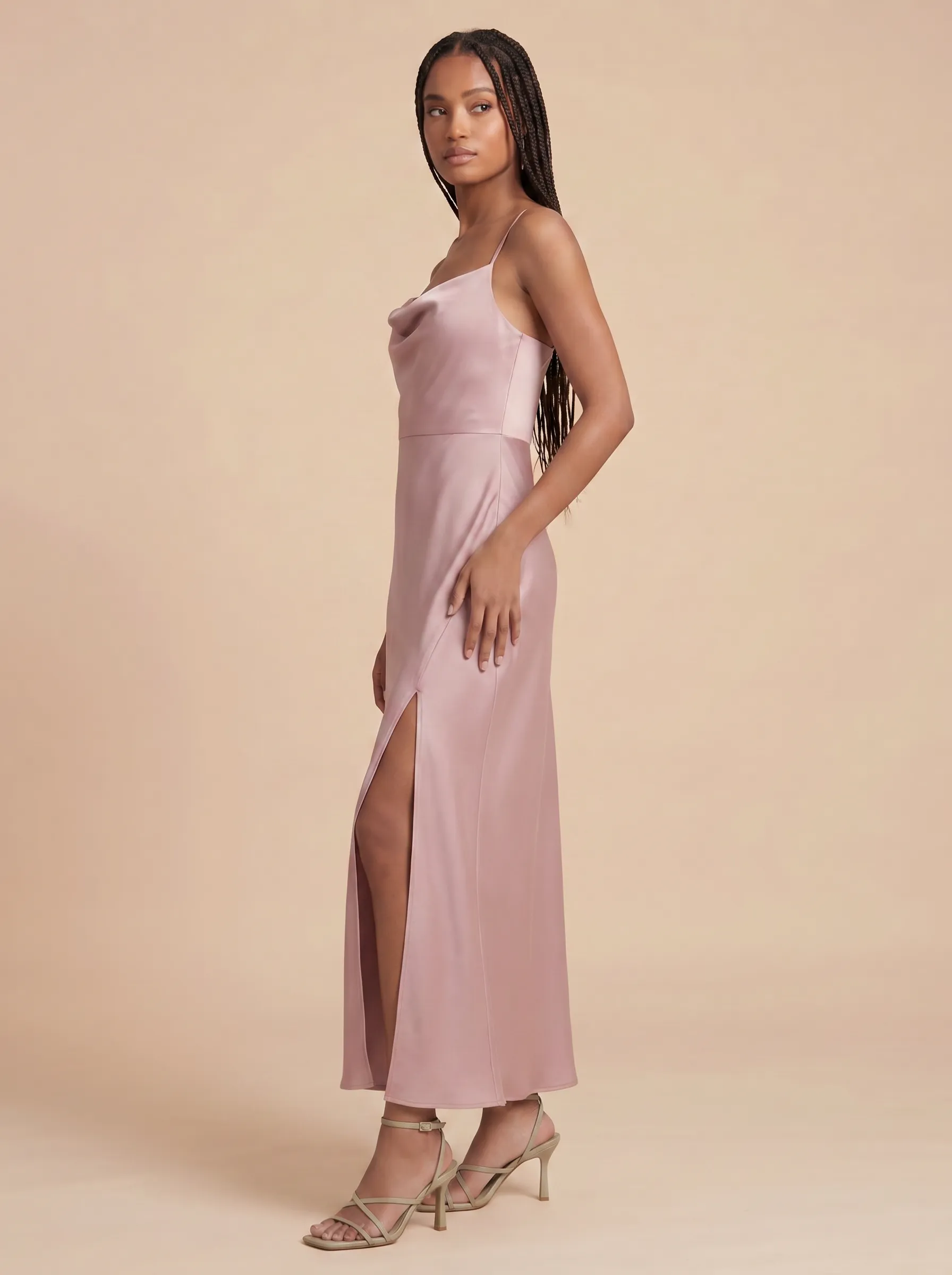 Dusty Rose Spaghetti Strap Cowl Neck Satin Bridesmaid Midi Dress with Slit