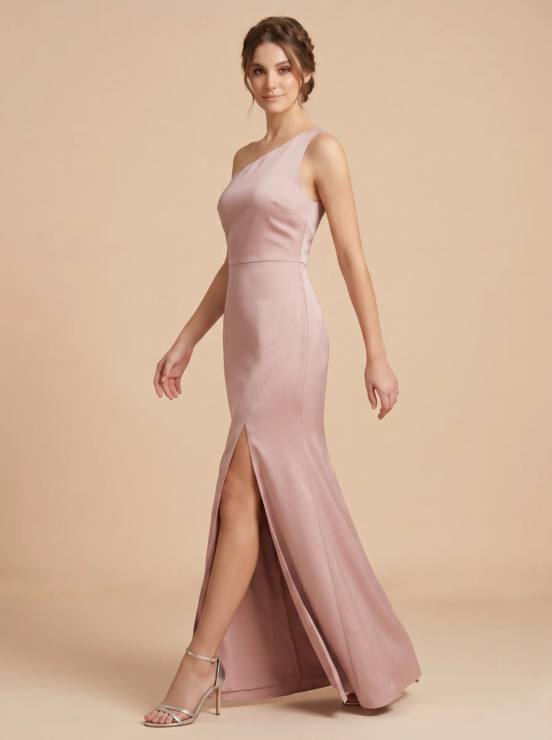 Dusty Rose One-Shoulder Satin Mermaid Bridesmaid Dress with Slit
