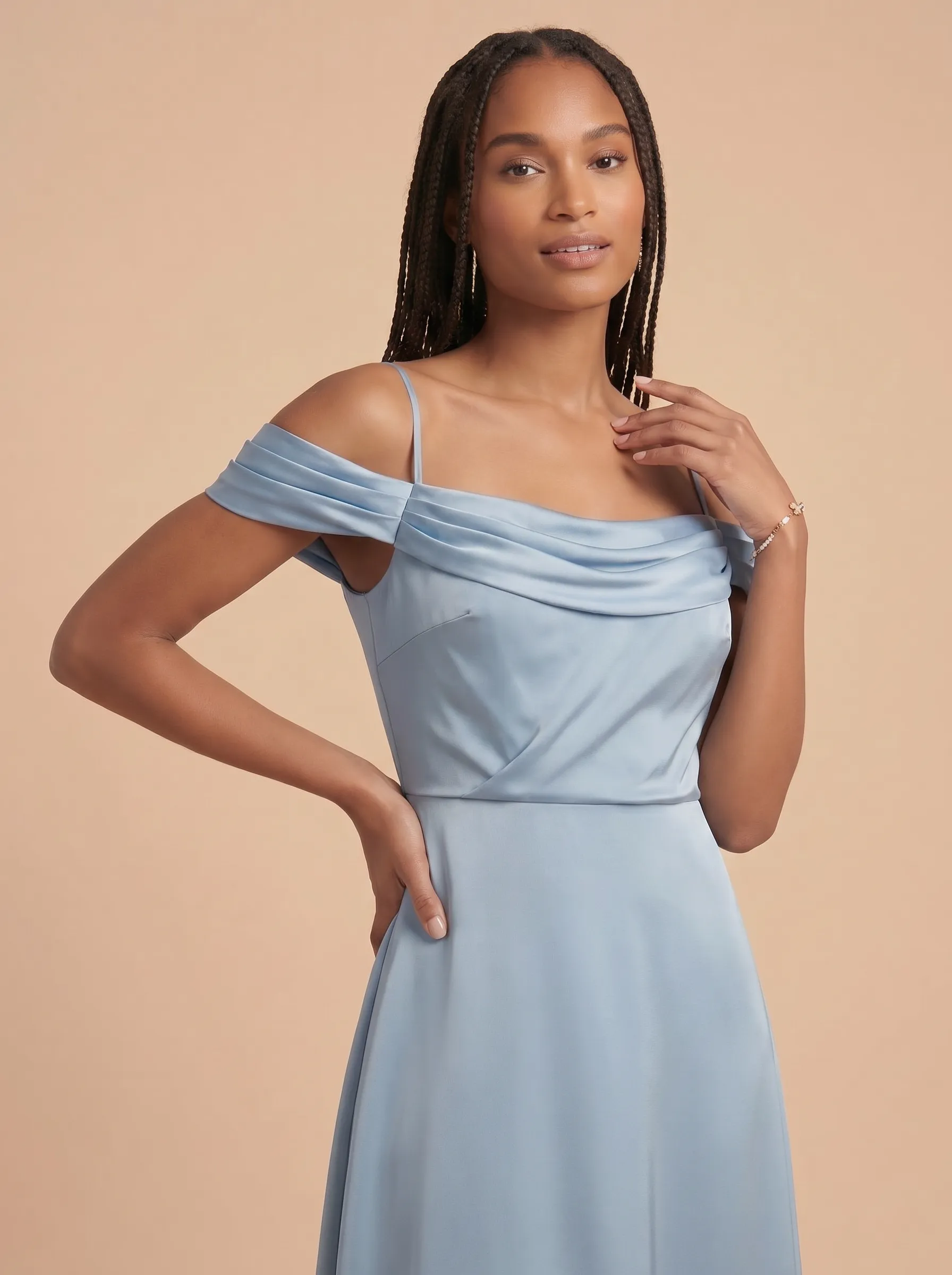 Dusty Blue Off-the-Shoulder Draped Satin A-Line Bridesmaid Dress