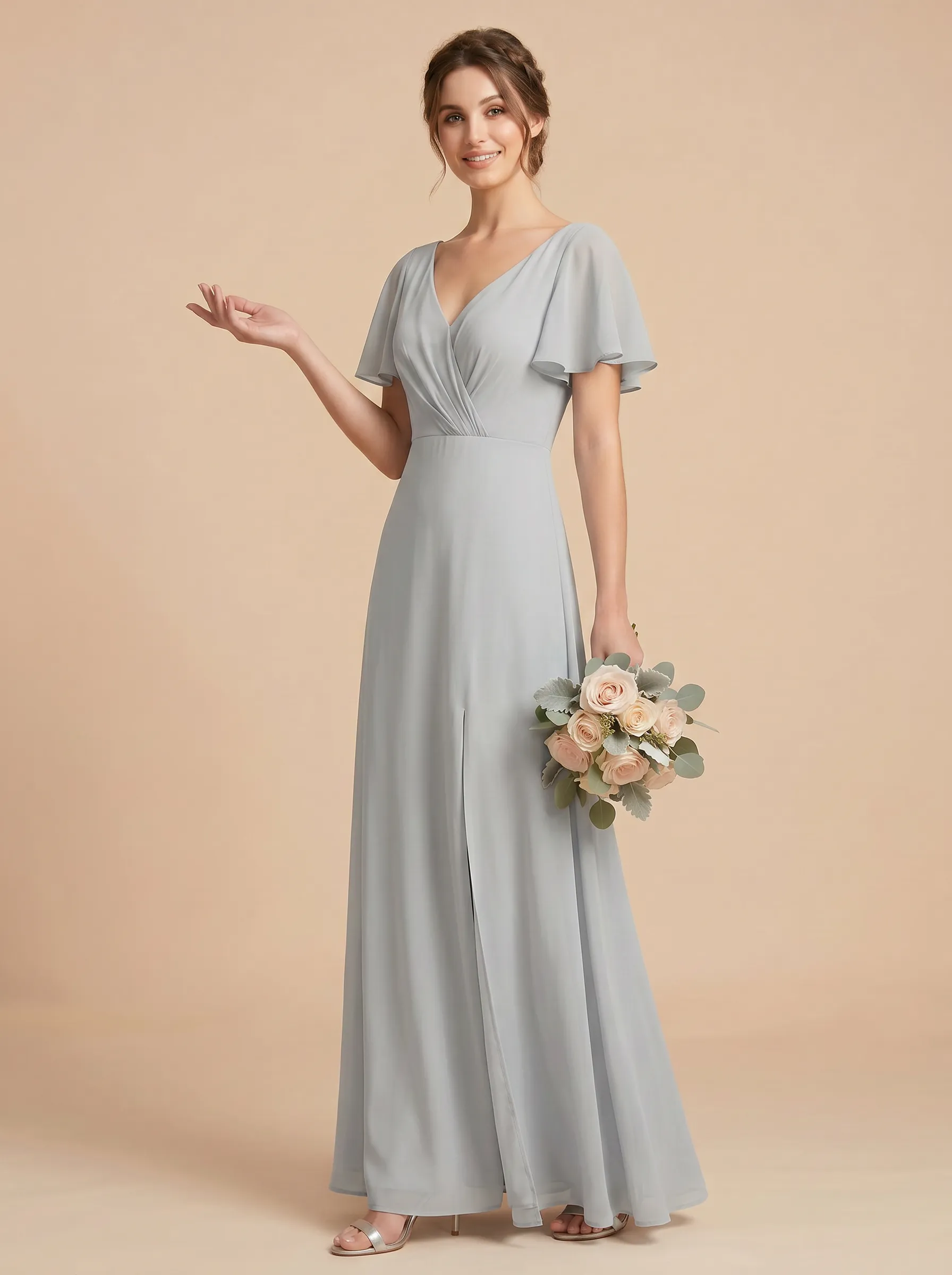 Dusty Blue V-Neck Flutter Sleeve Chiffon Bridesmaid Dress with Slit & Tie-Back