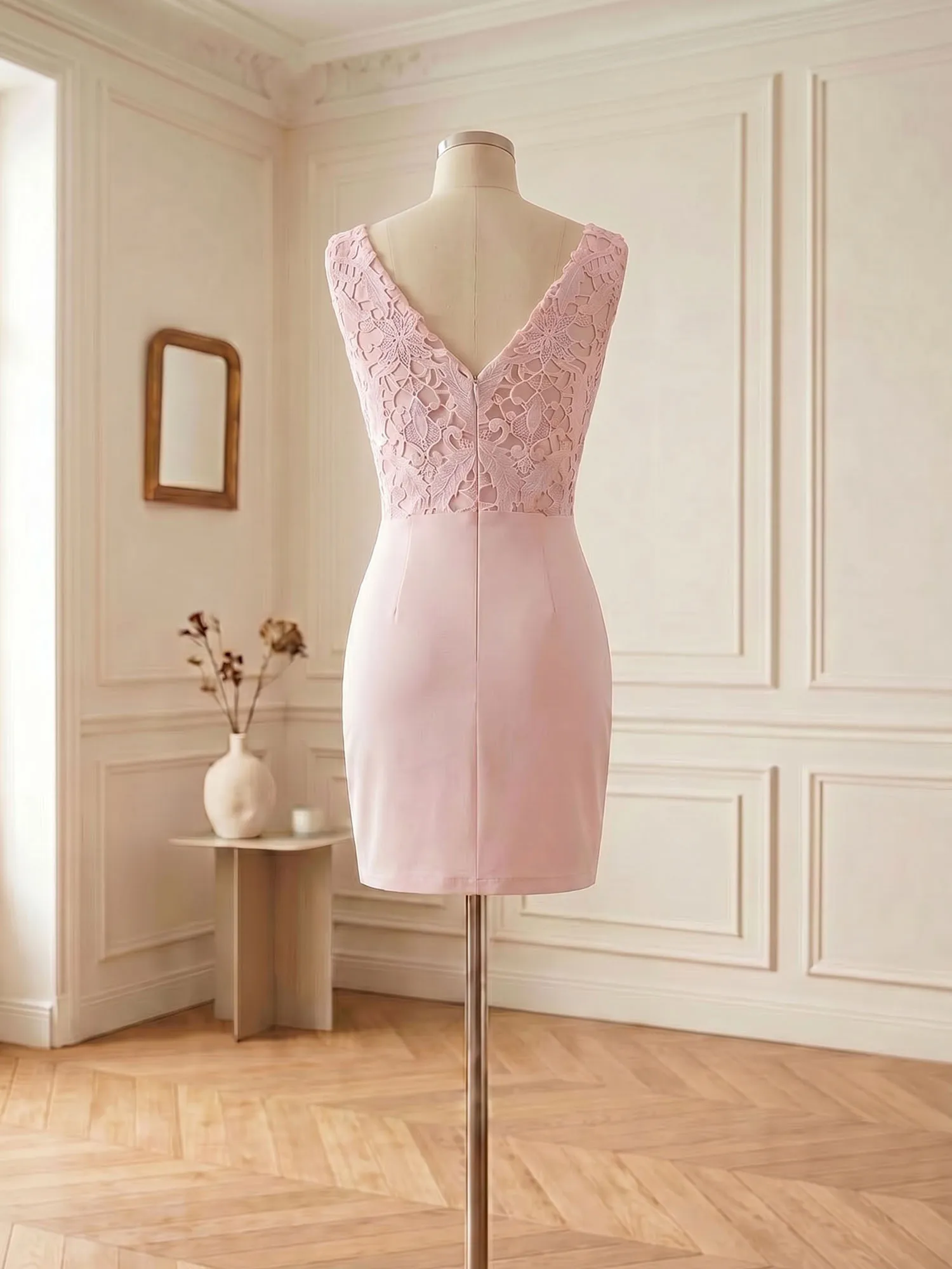 Blush Pink V-Neck Lace & Crepe Homecoming Bodycon Mini Dress