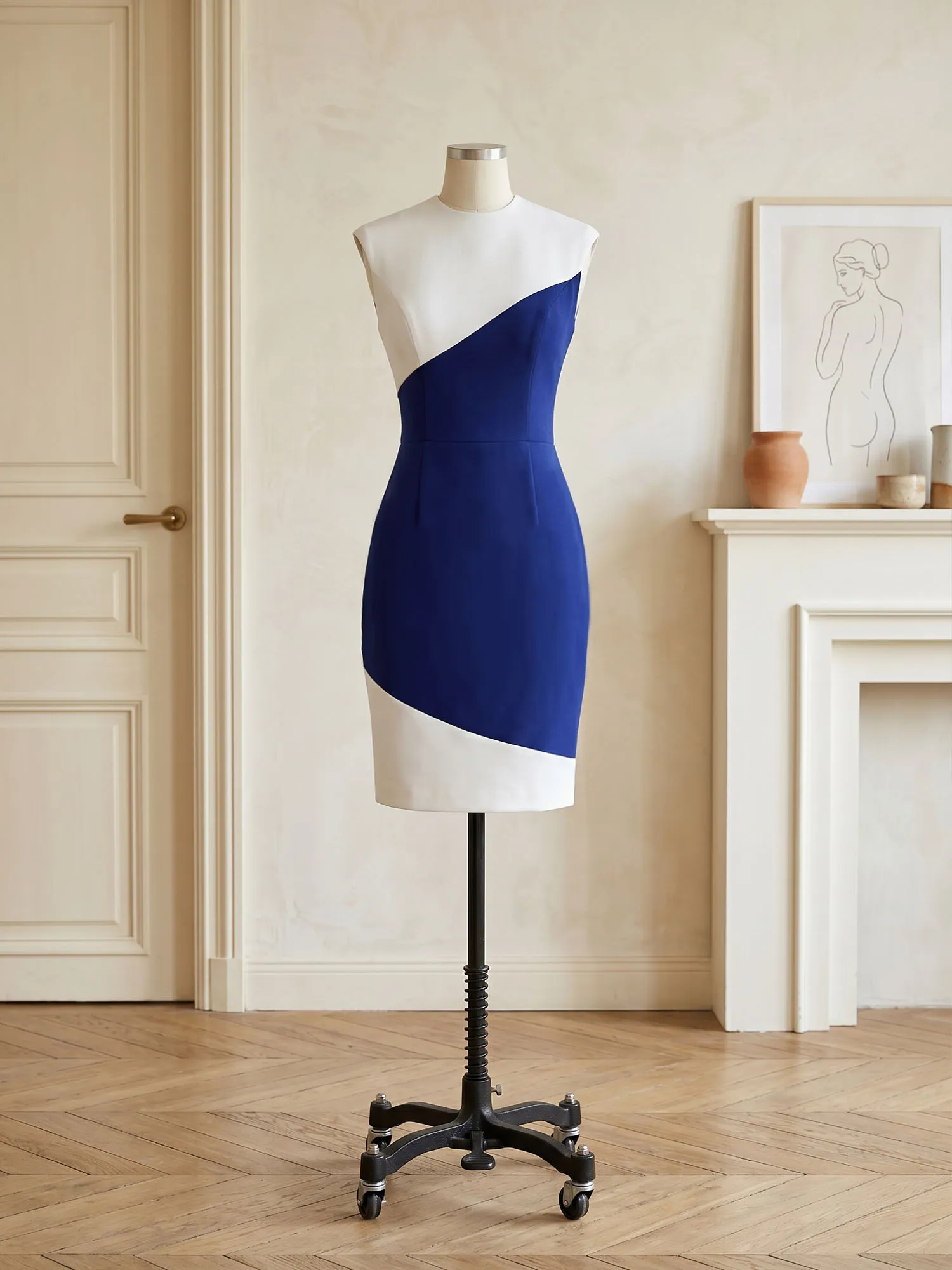 Color-Block Round Neck Sheath Evening Midi Dress