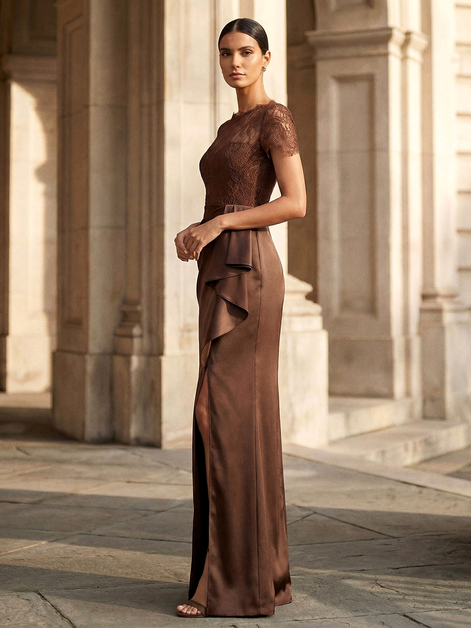 Brown Formal Dress Round Neck Satin Slit Maxi Dress with Ruffle