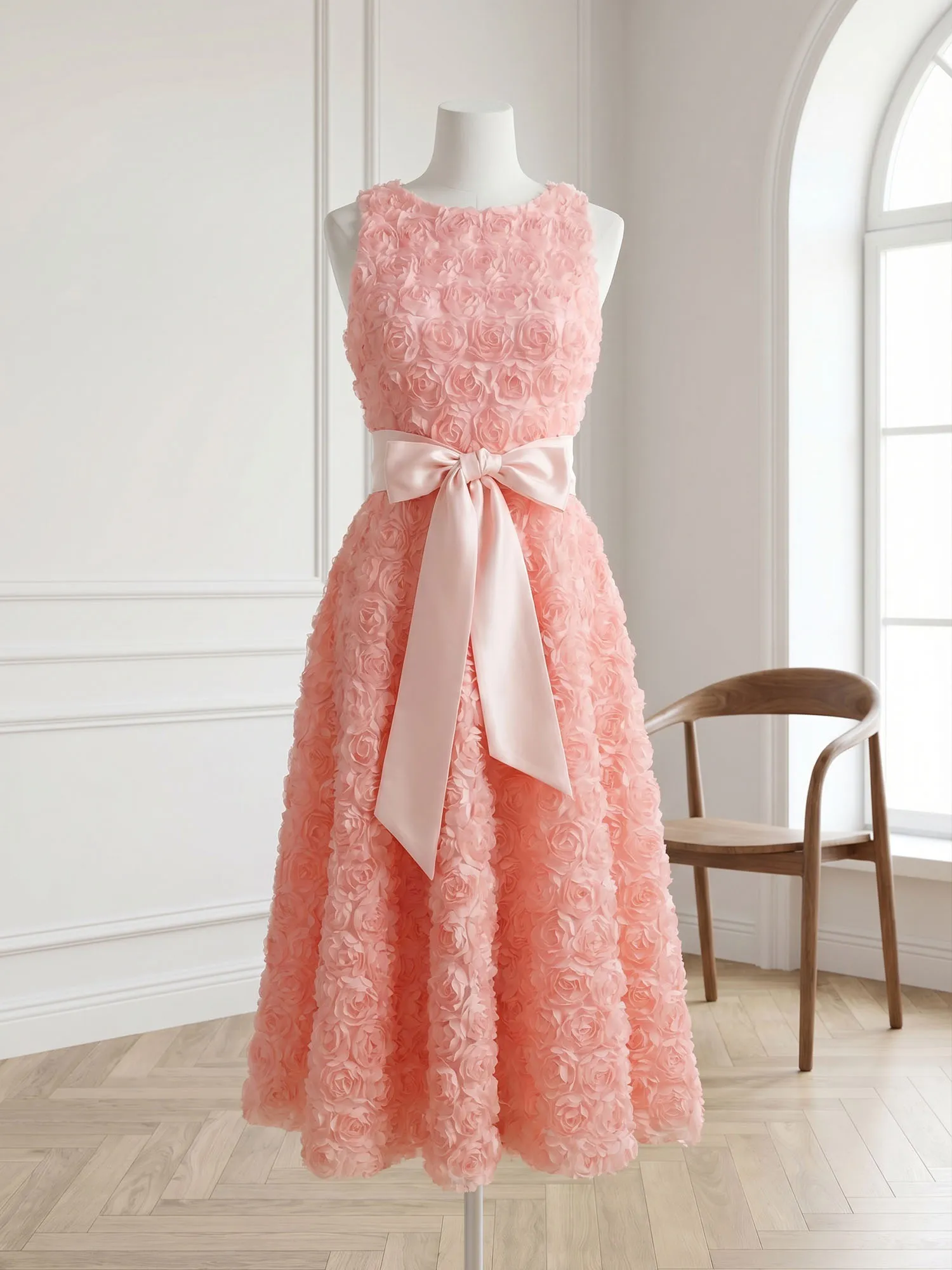 Sleeveless 3D Rose Midi Evening Dress with Satin Bow Sash