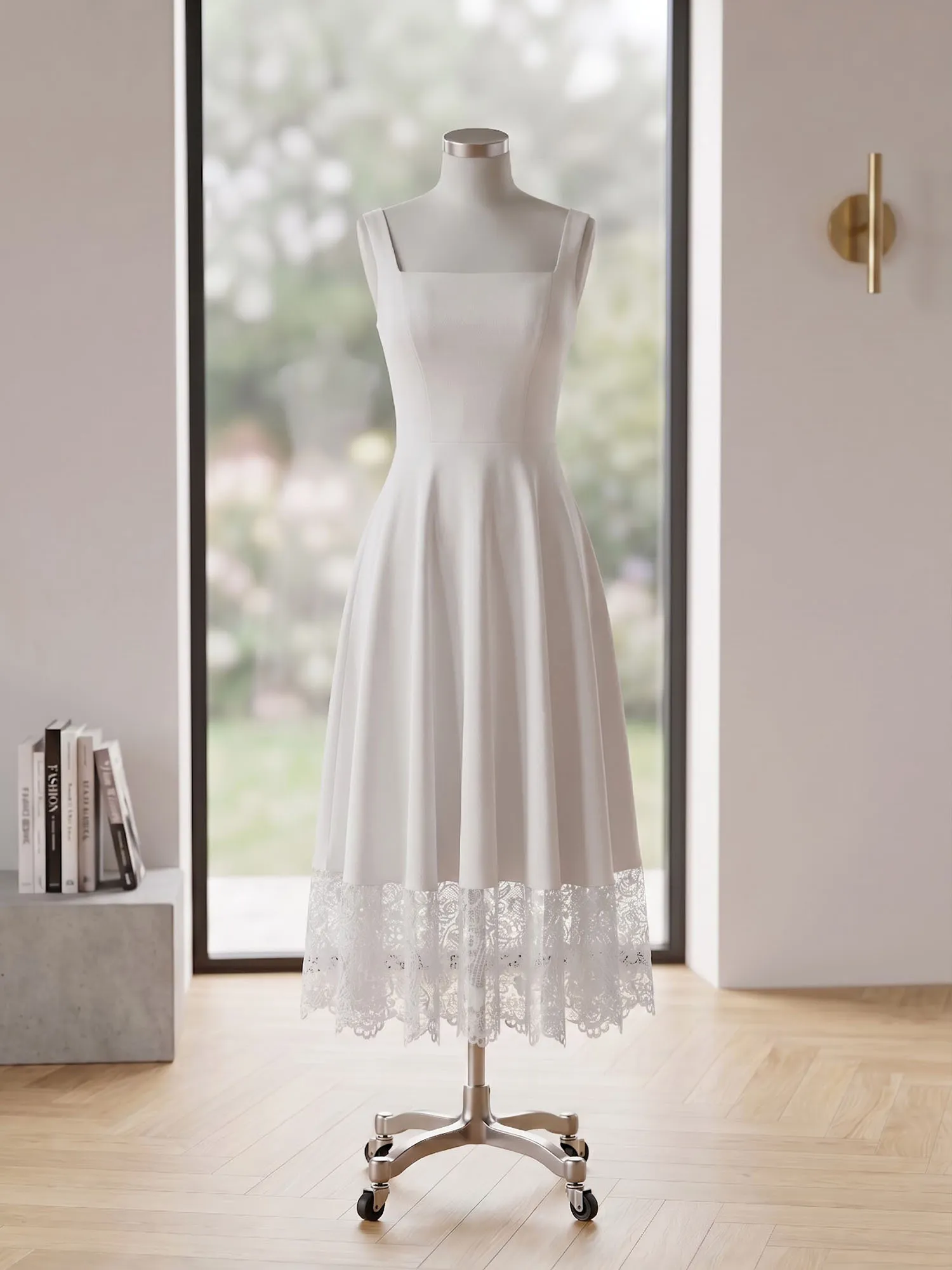 Square Neck Crepe Midi Evening Dress with Lace Hem