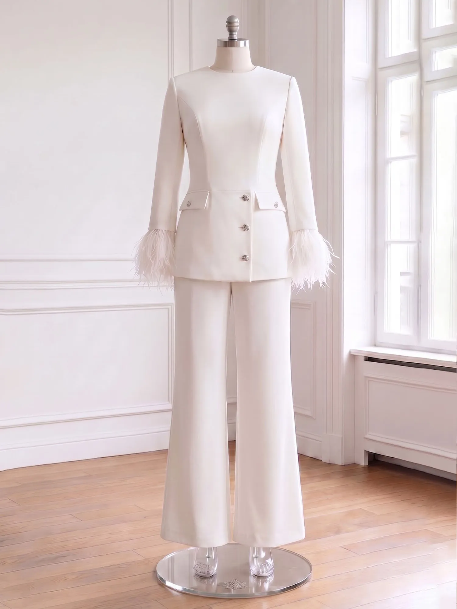 Scoop Neck Feather Cuff Tailored Evening Pant Suit