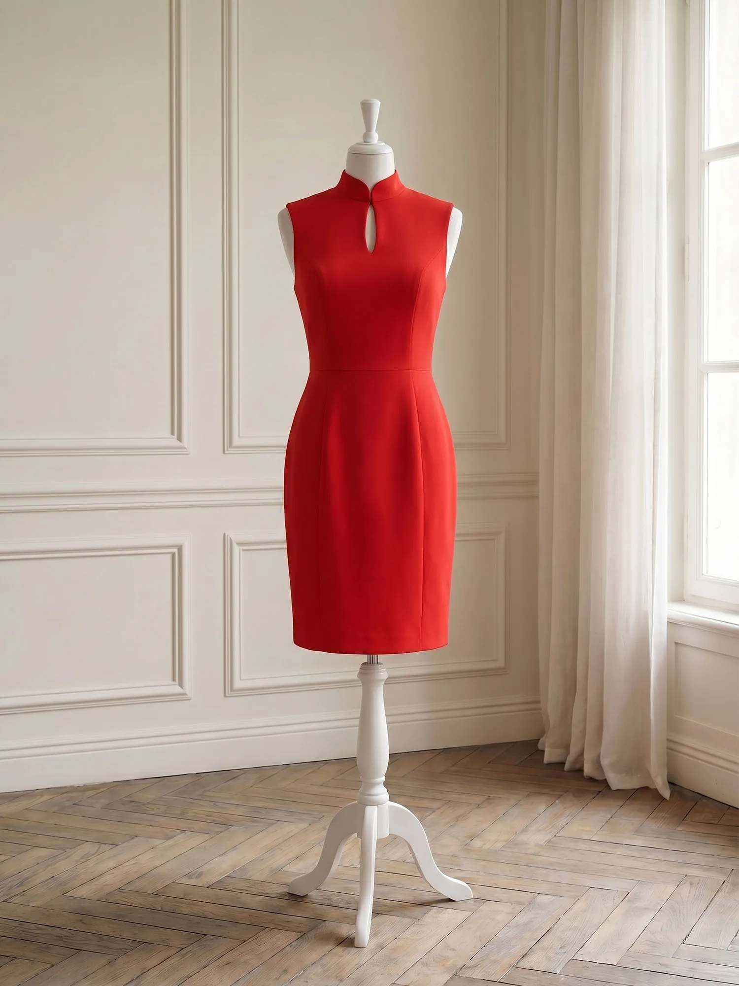 Stand Collar Keyhole Neck Crepe Sheath Evening Dress