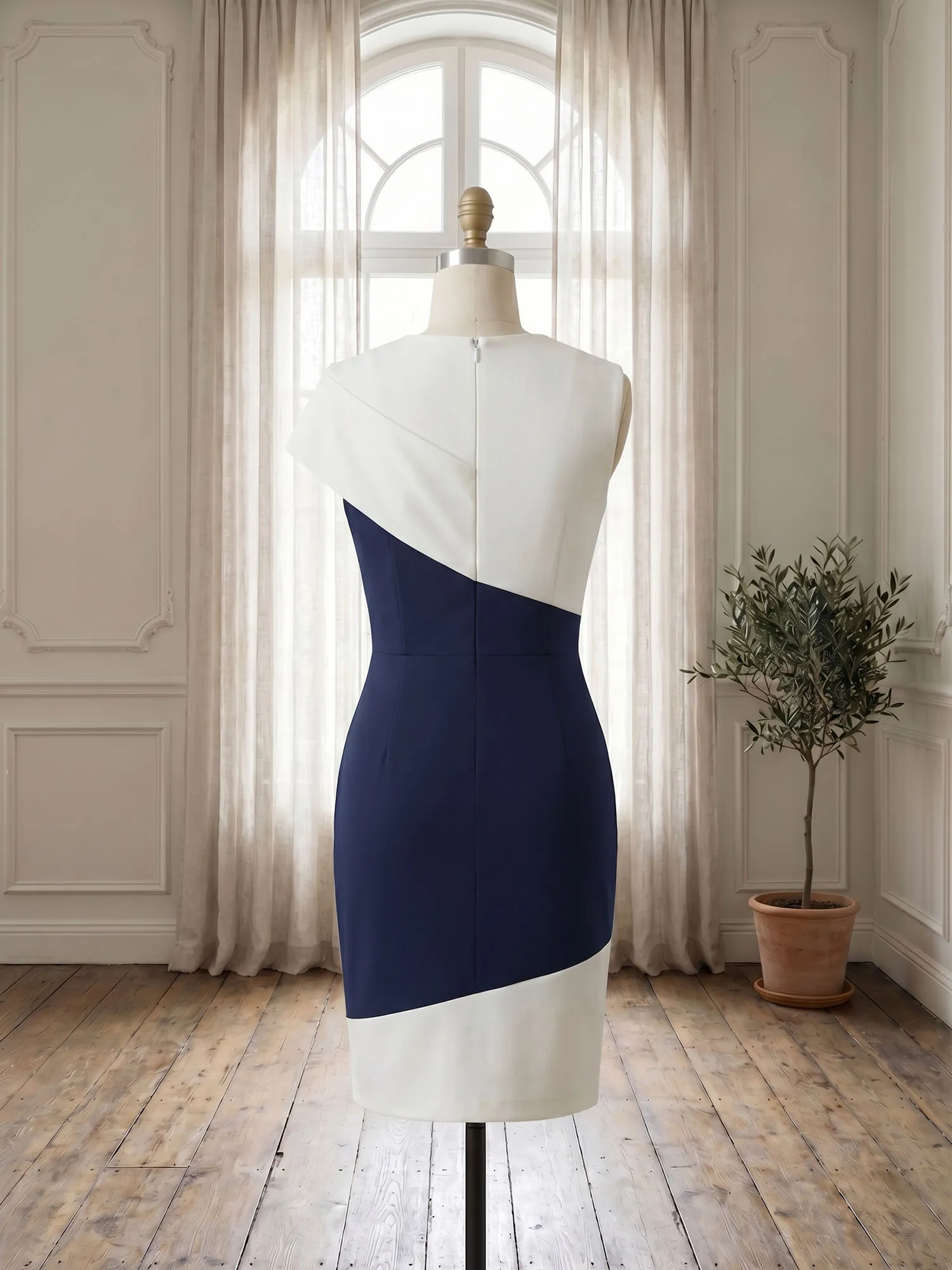 Asymmetric Color-Block Knee Length Sheath Evening Dress