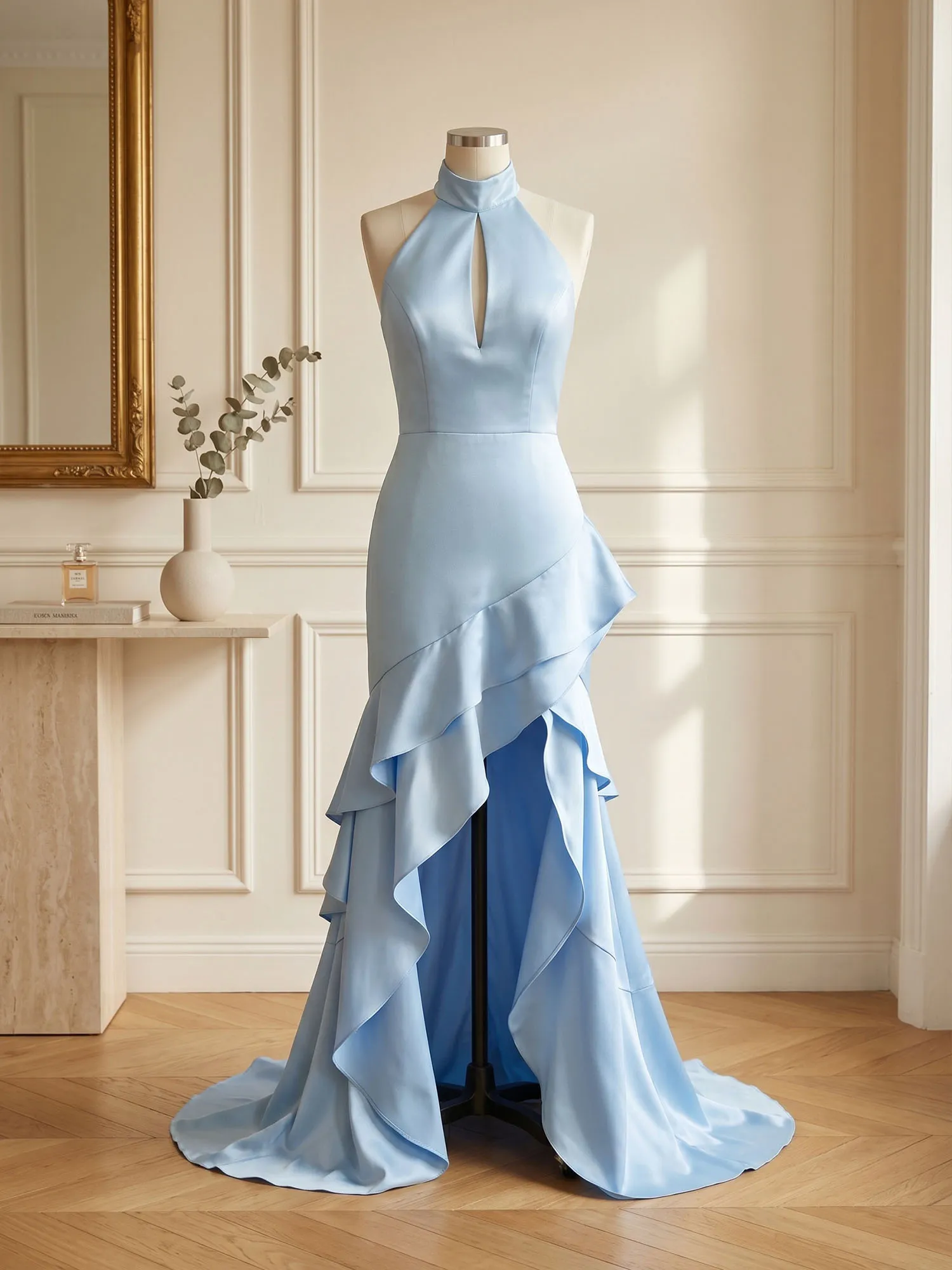 High Neck Keyhole Asymmetric Tiered Satin Evening Gown