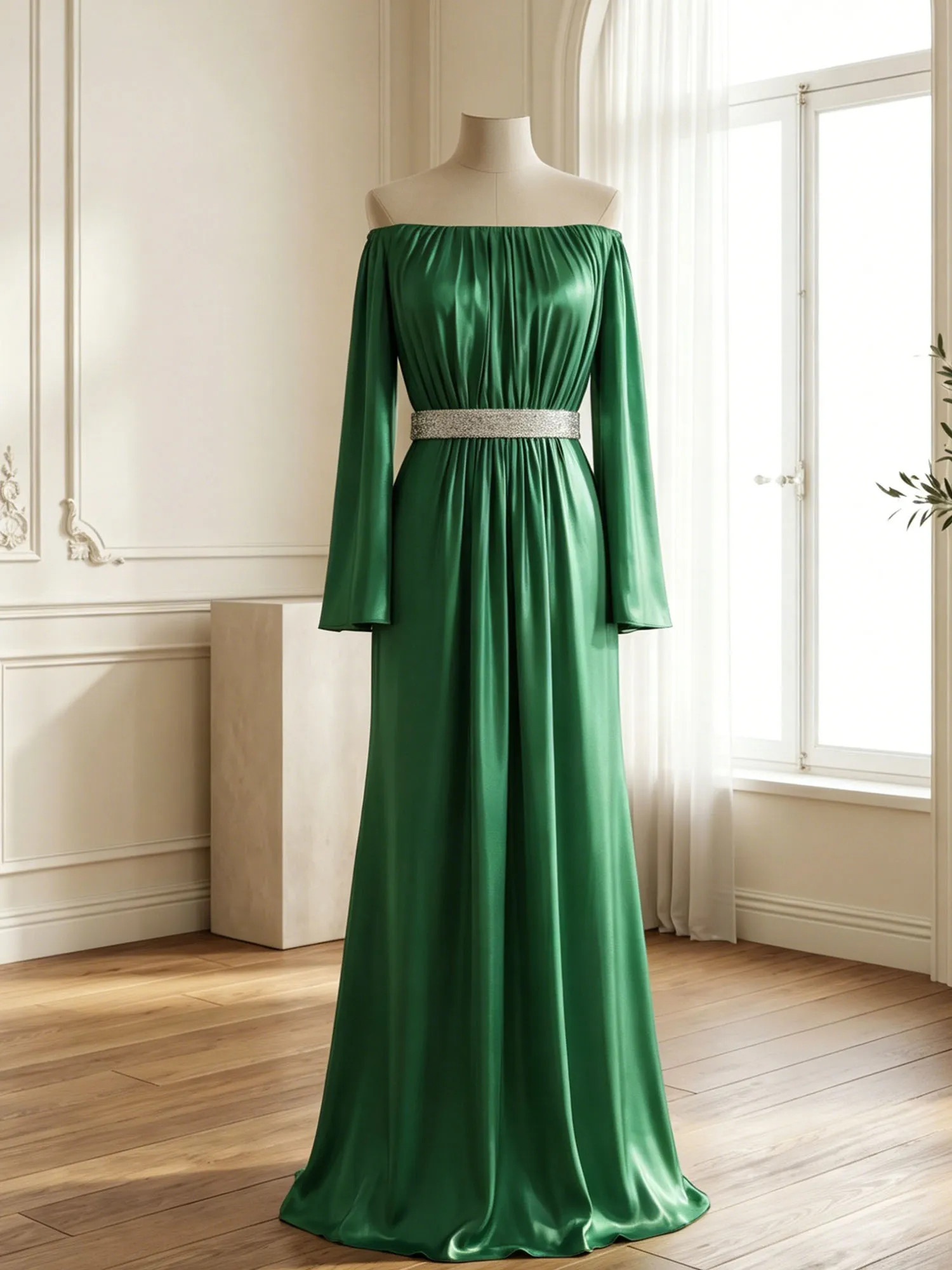 Off-the-Shoulder Pleated Satin Evening Gown with Beaded Waistband