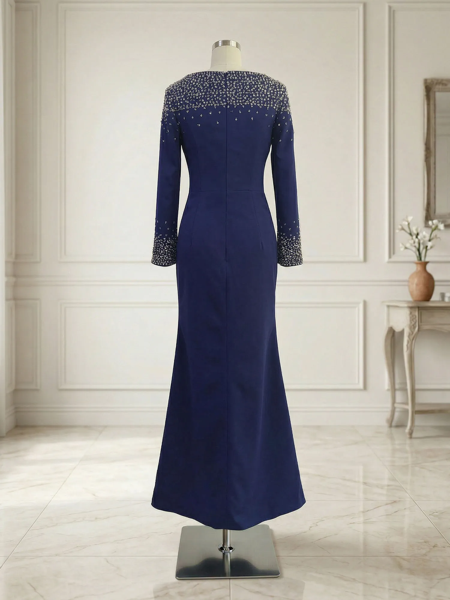 Beaded Off-the-Shoulder Long Sleeve Mermaid Evening Gown