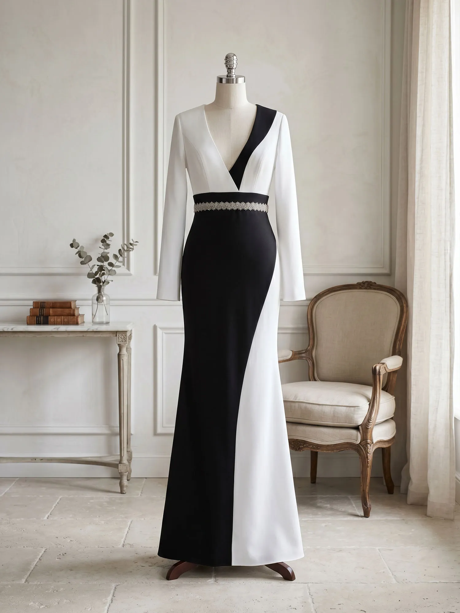Two-Tone Long Sleeve Mermaid Evening Gown with Beaded Waistband