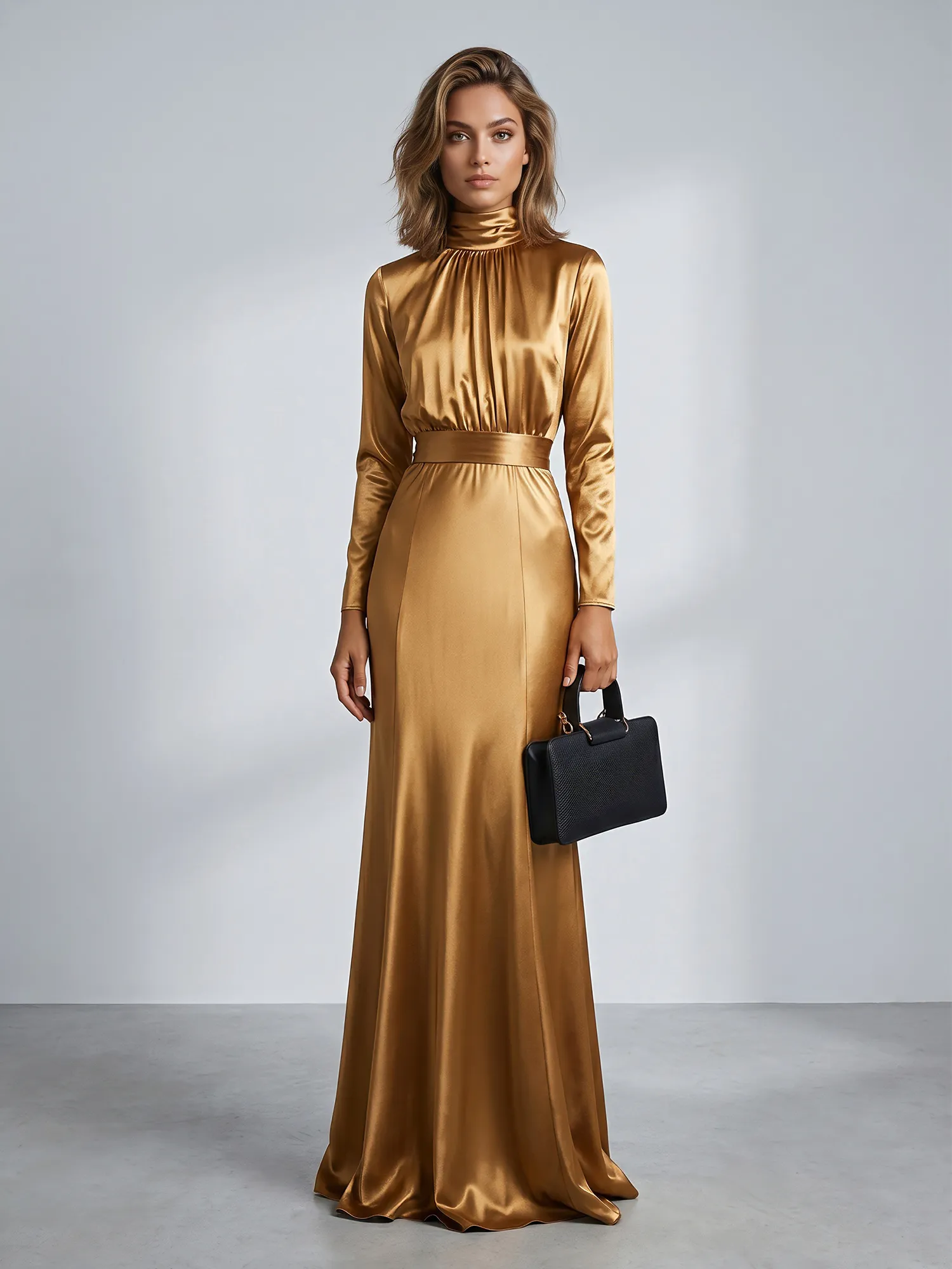 High Neck Long Sleeve Satin Mermaid Evening Gown with Waist Sash