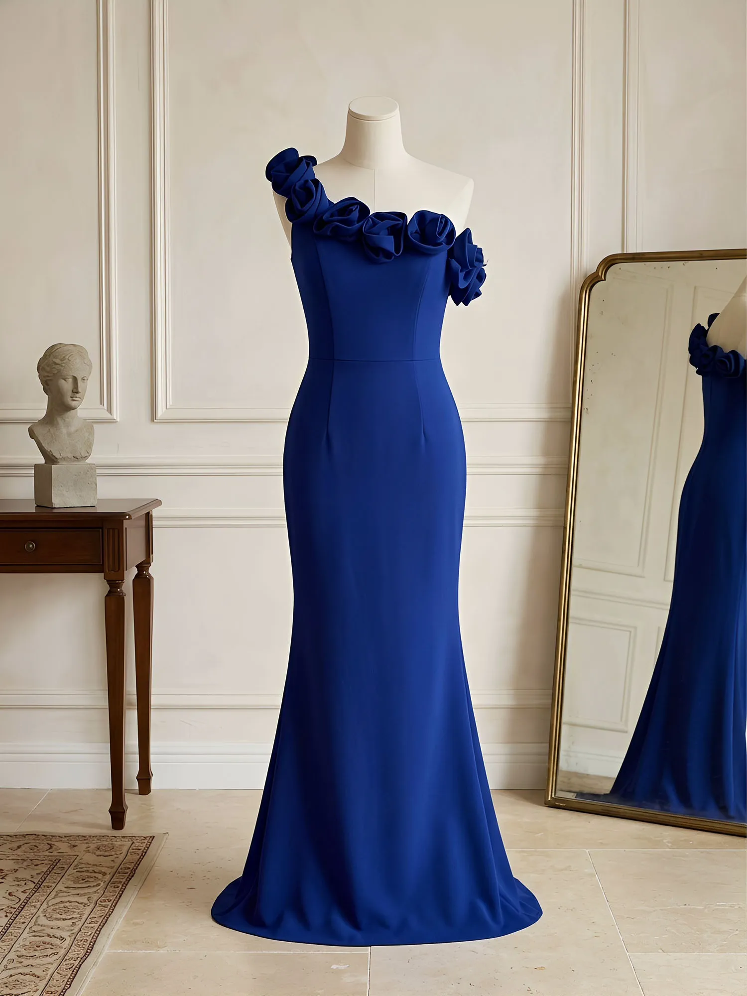 One-Shoulder 3D Floral Mermaid Evening Gown