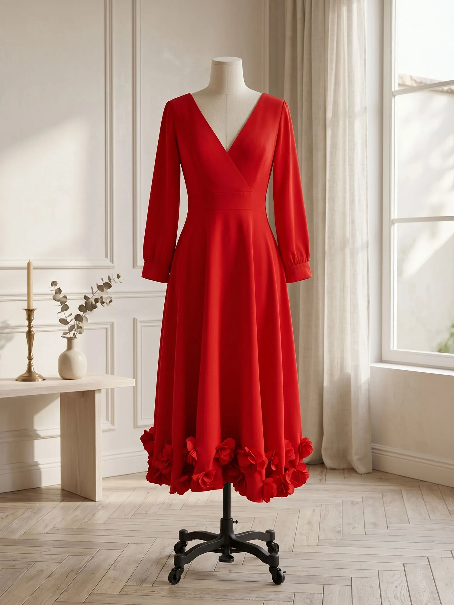 V-Neck Long Sleeve A-Line Midi Evening Dress with 3D Floral Hem