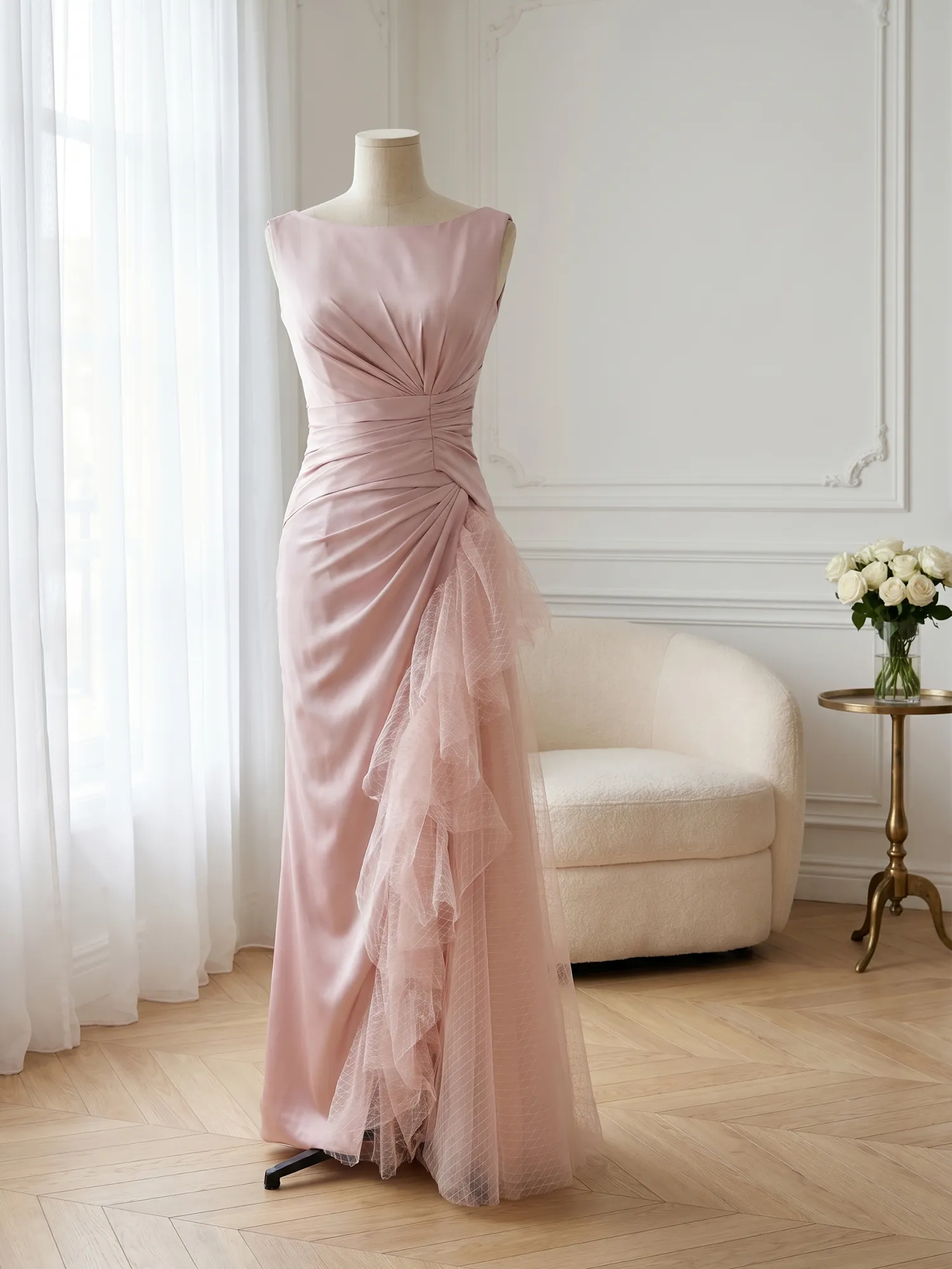 Sleeveless Ruched Sheath Evening Gown with Tulle Ruffle Detail