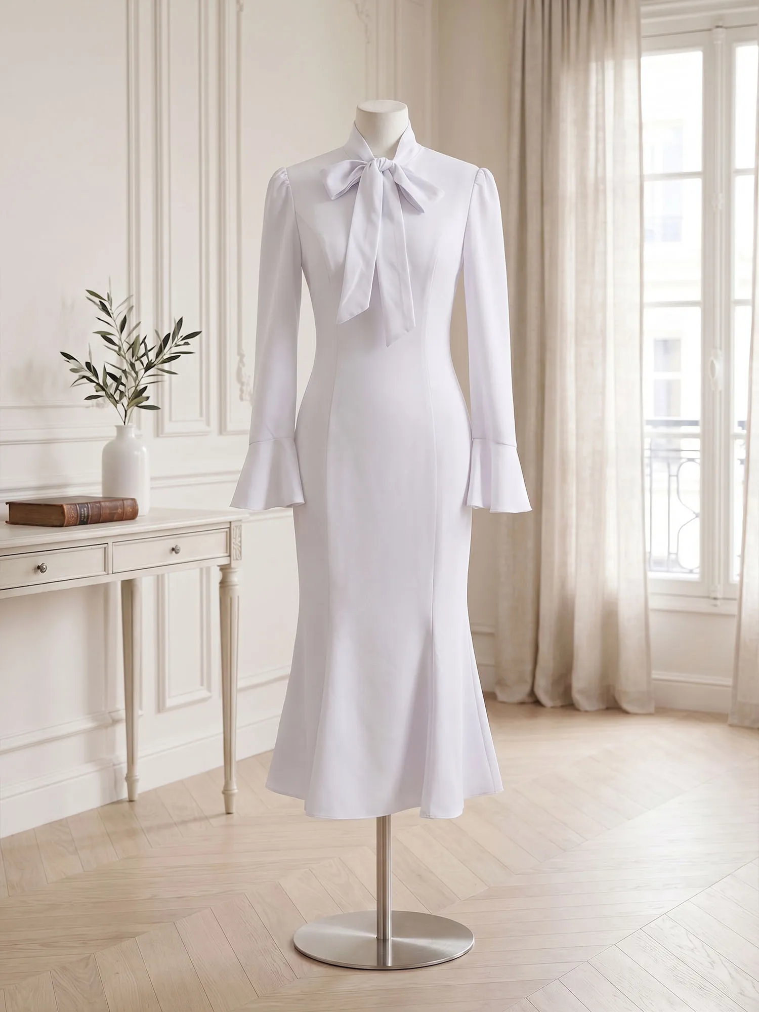 High Neck Bow Tie Long Sleeve Midi Mermaid Evening Dress