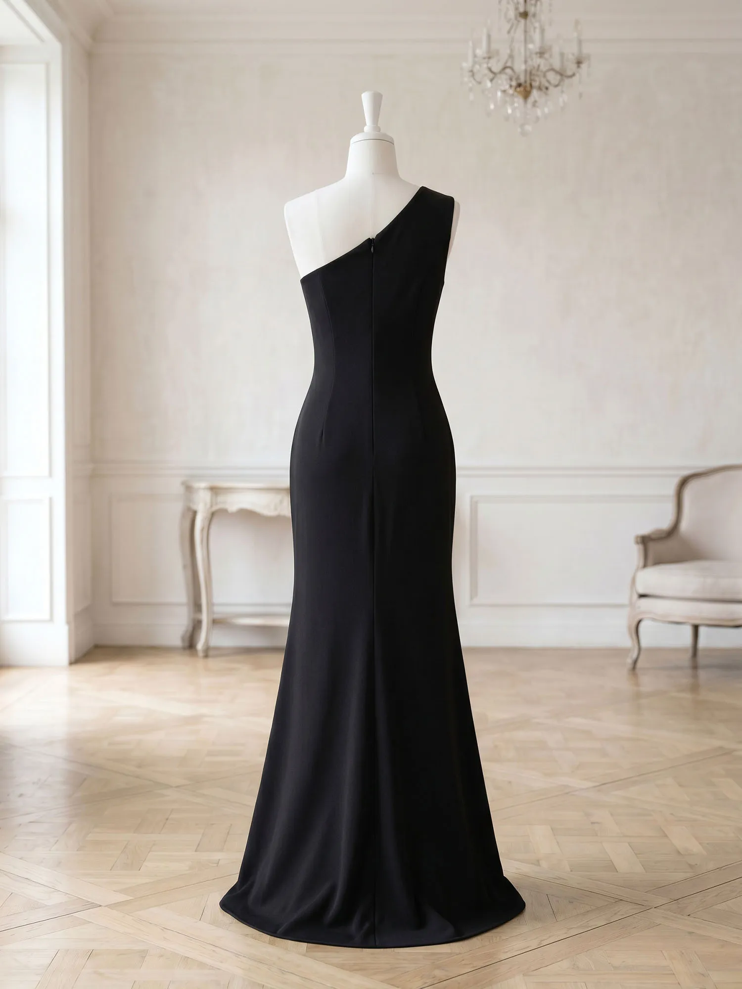 One-Shoulder Color-Block Slit Mermaid Evening Gown