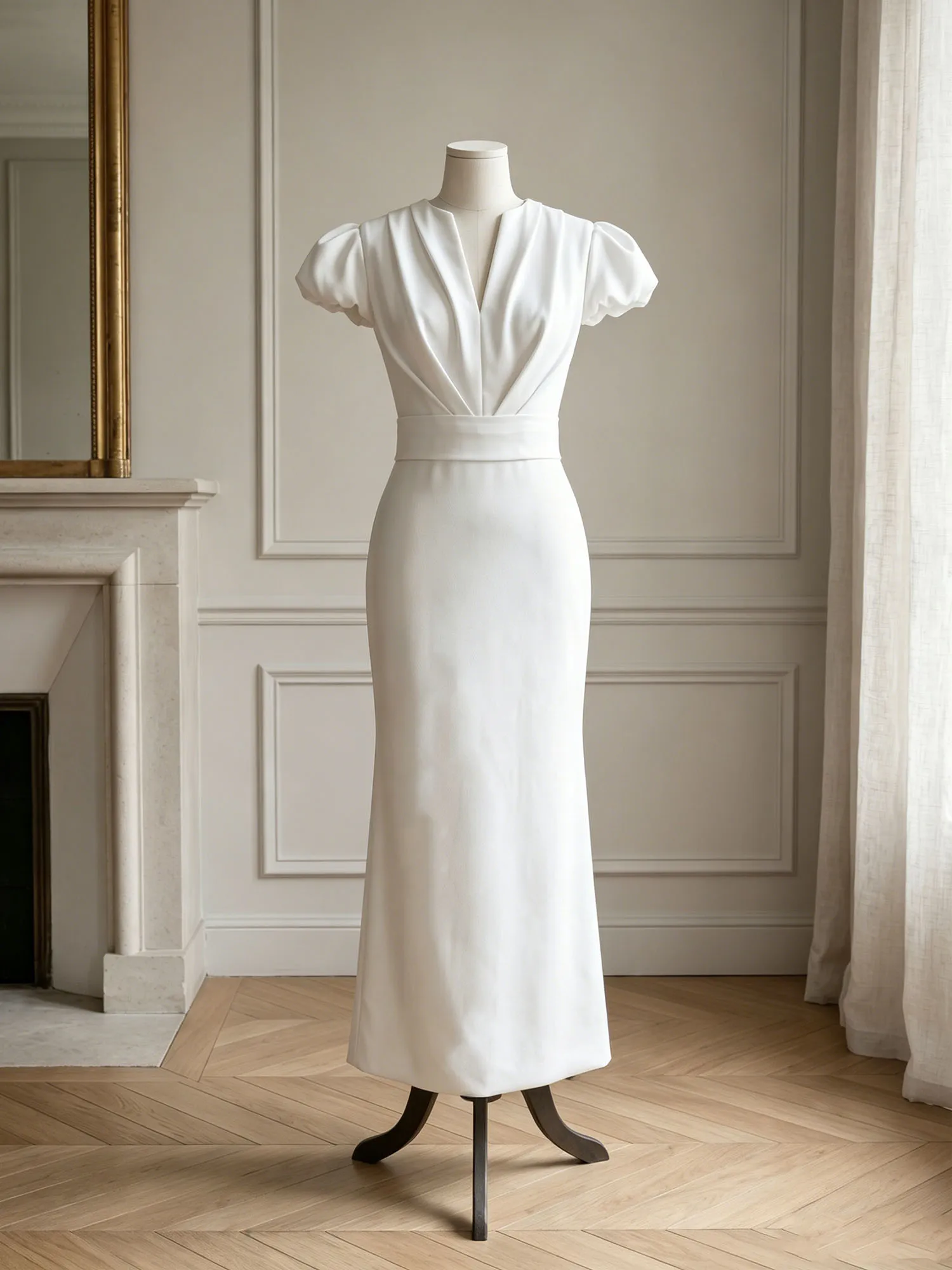 Keyhole Neck Puff Sleeve Belted Sheath Midi Evening Dress