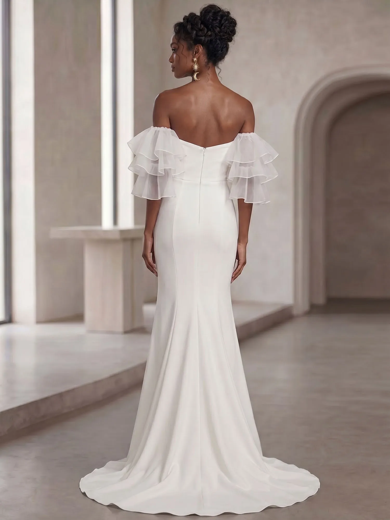 Off-the-Shoulder Tiered Organza Sleeve Mermaid Evening Gown