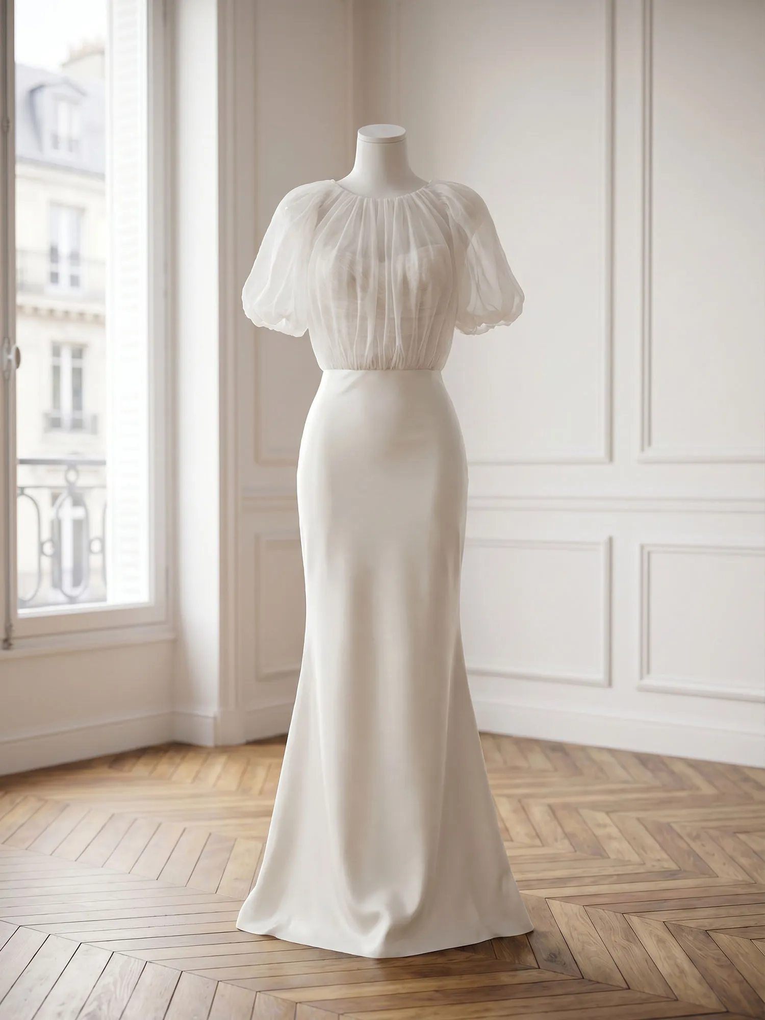 Bateau Neck Organza Bubble Sleeve Mermaid Evening Gown