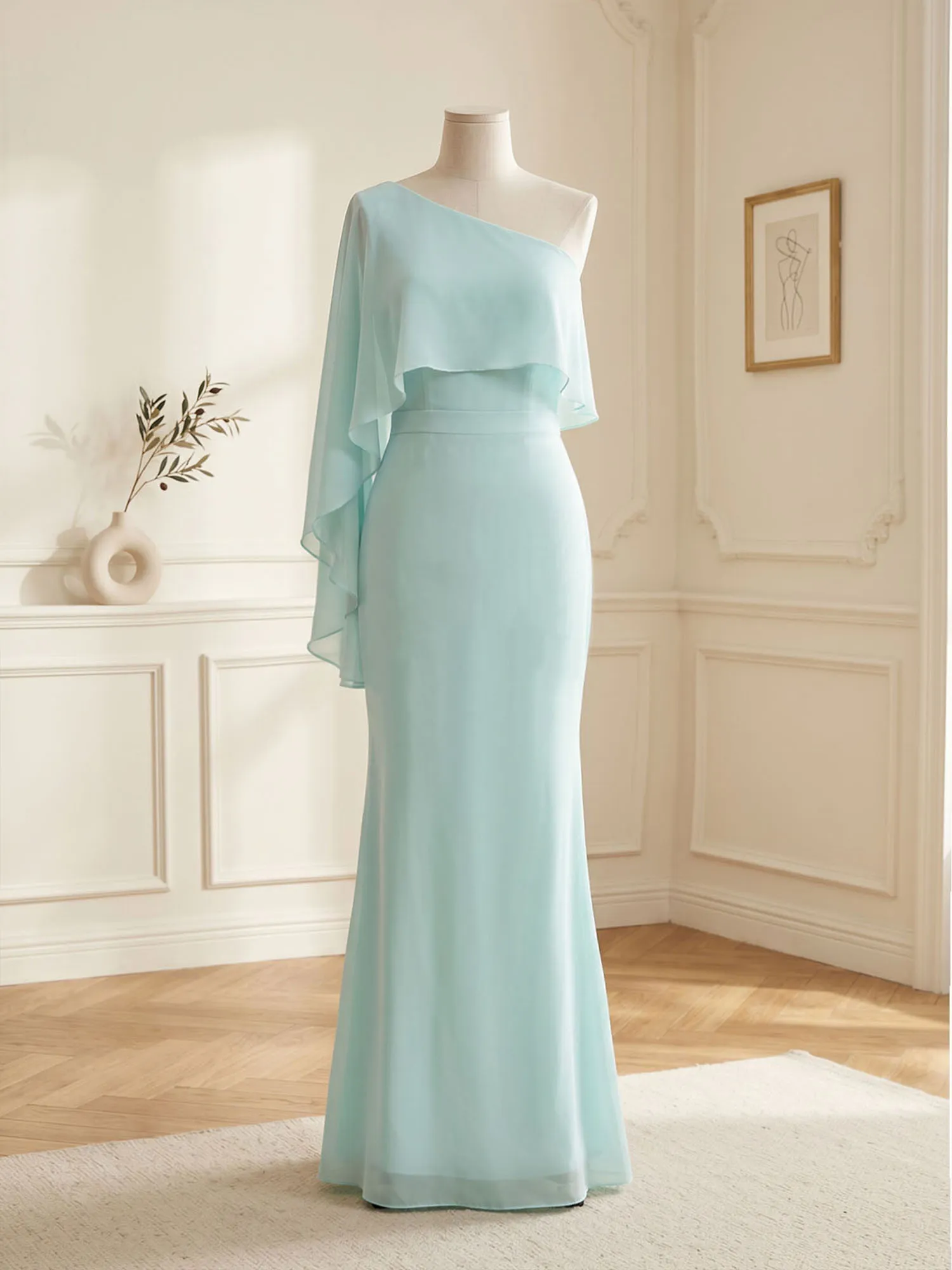 One-Shoulder Chiffon Overlay Mermaid Evening Gown