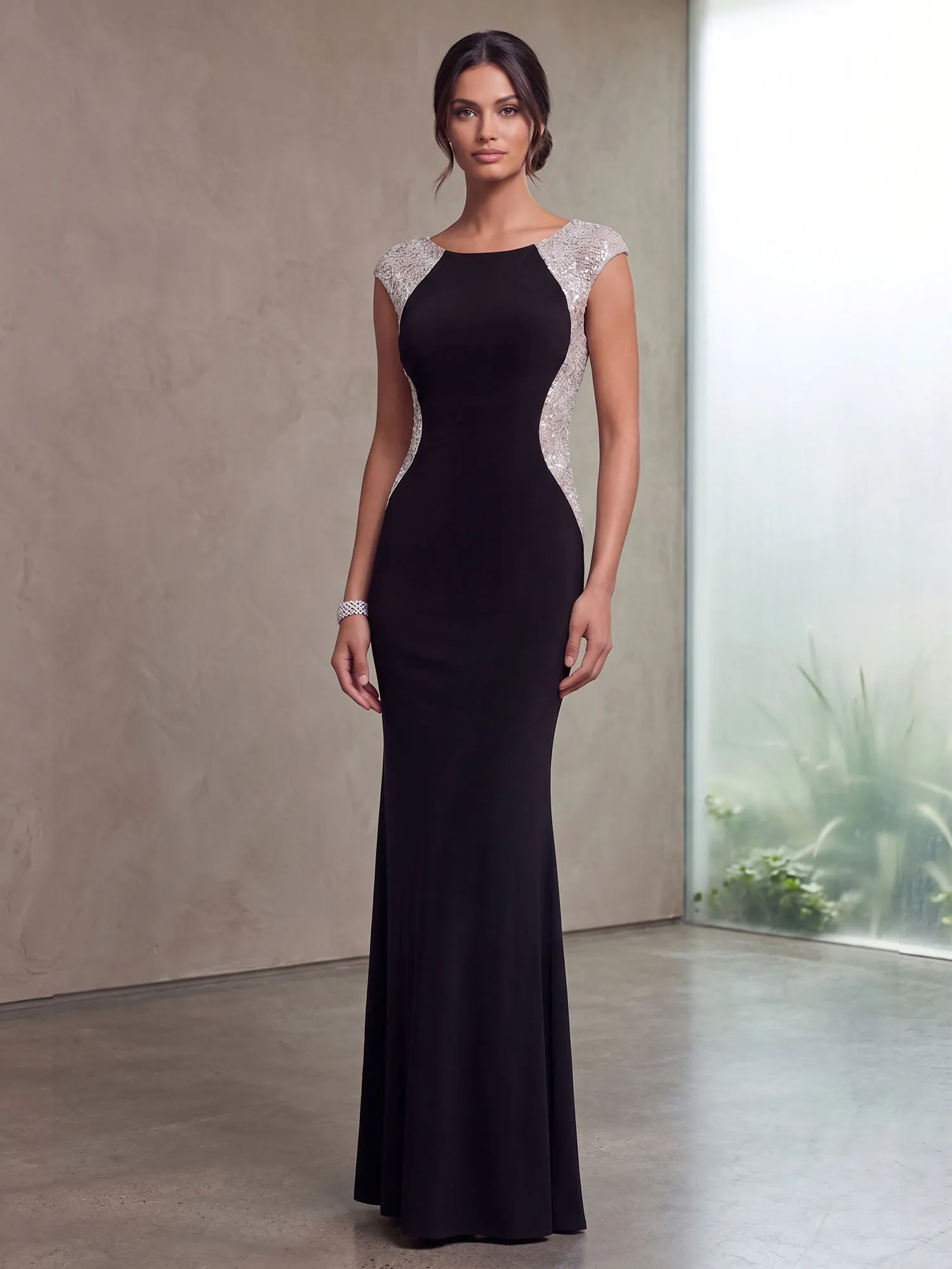 Bateau Neck Sequins Cap Sleeve Mermaid Evening Gown