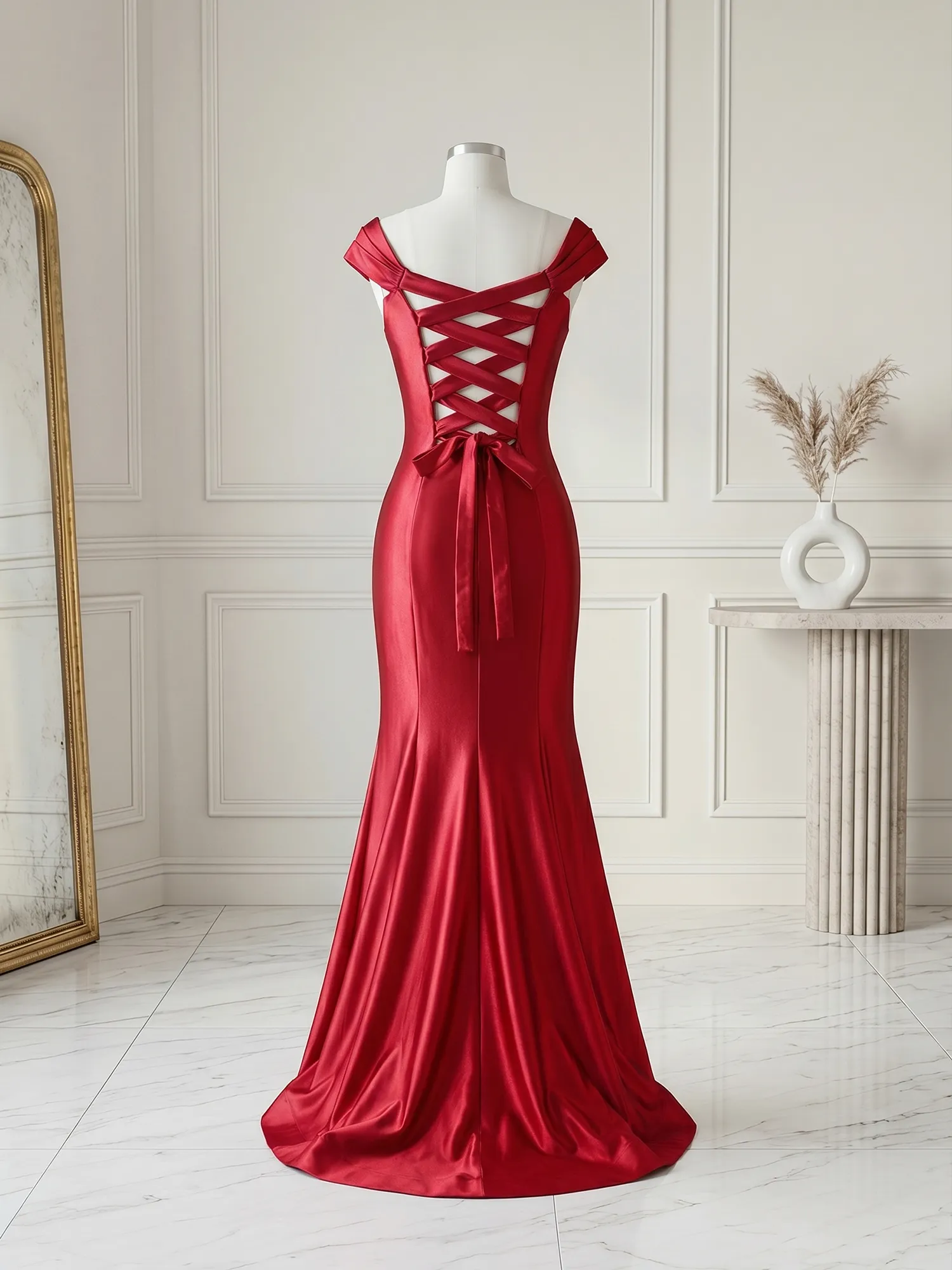 Off-the-Shoulder Sweetheart Lace-Up Back Satin Mermaid Prom Dress
