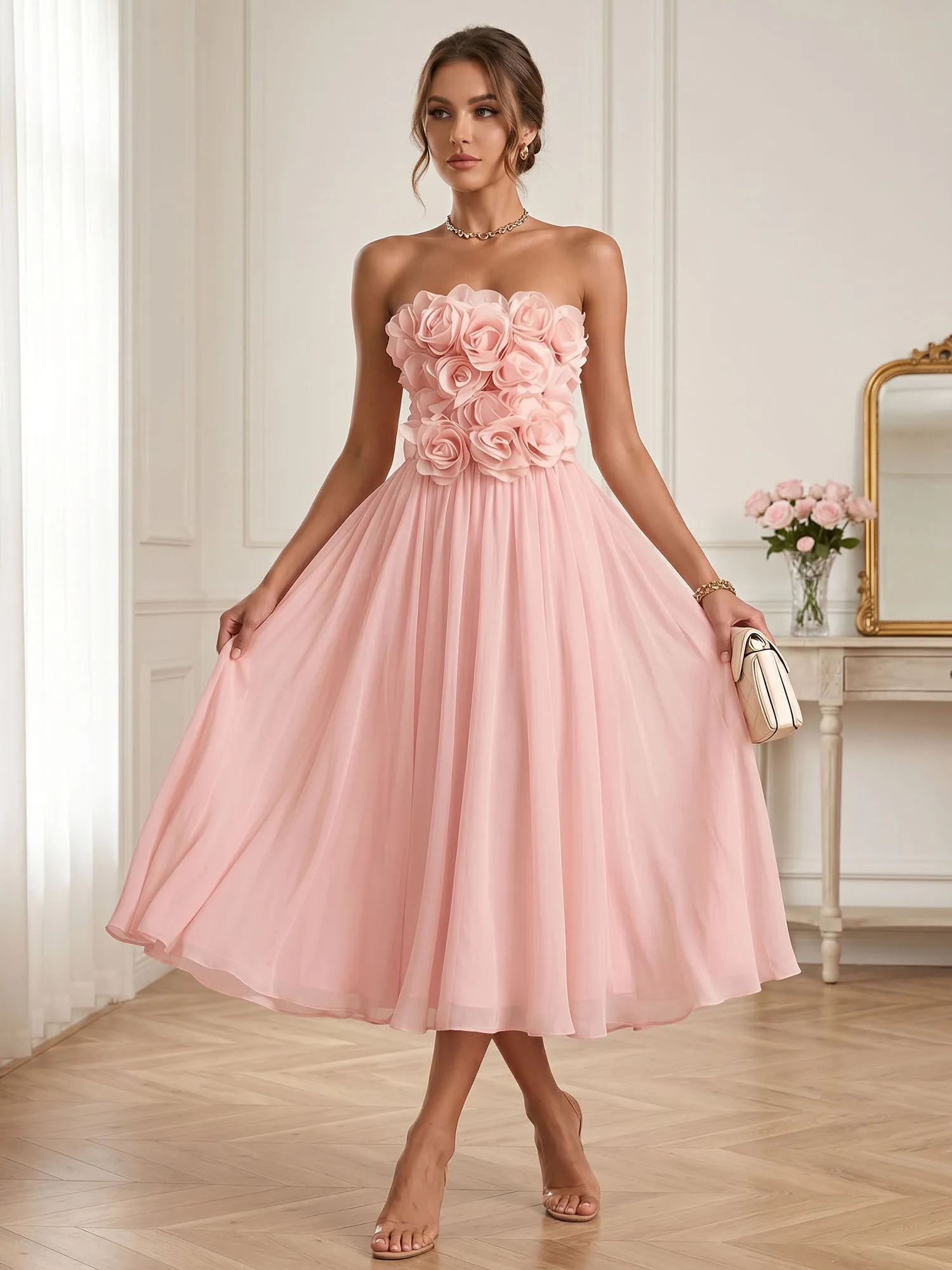 Strapless 3D Floral Chiffon A-Line Midi Formal Dress