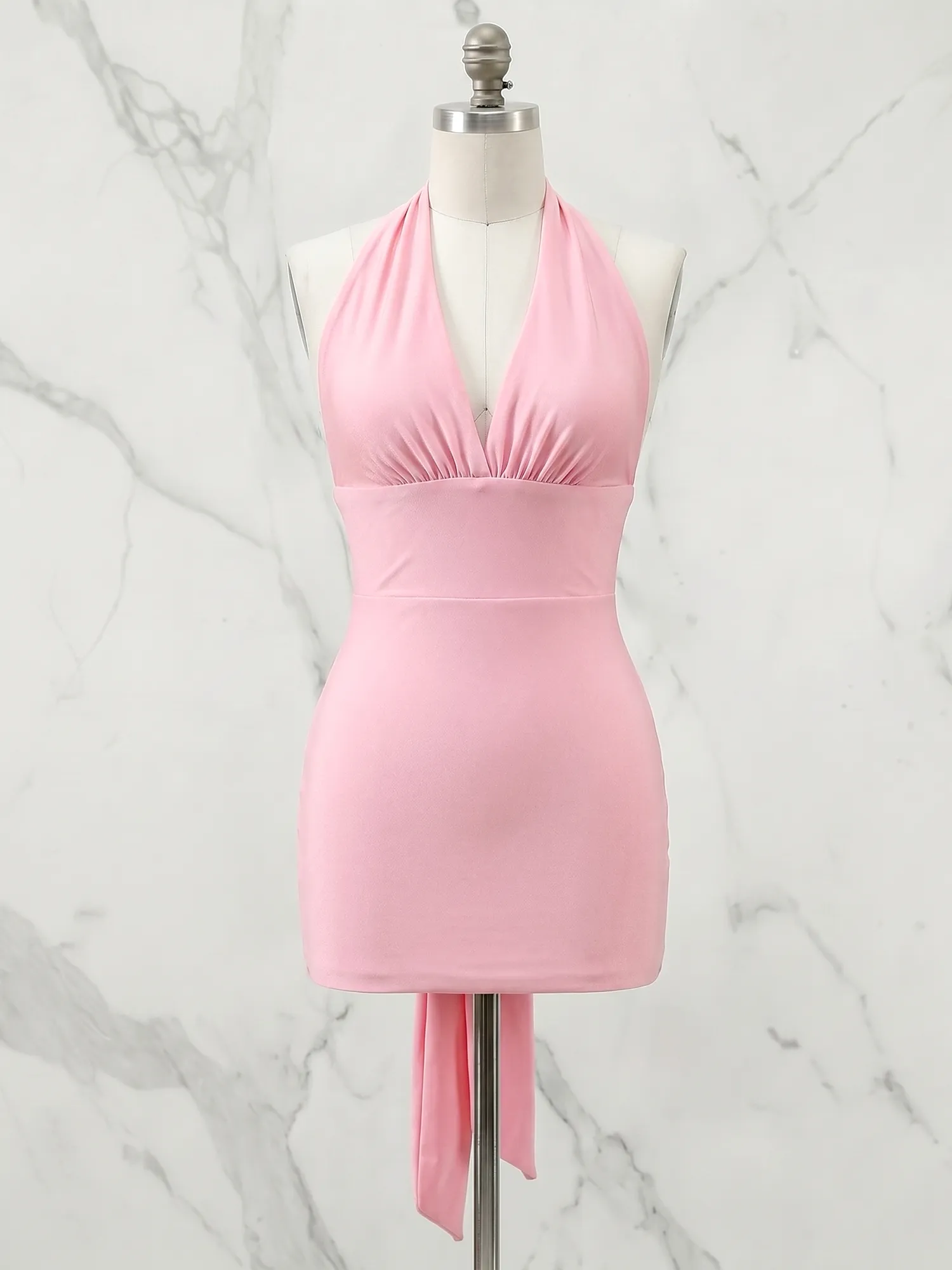 Halter V-Neck Back Bow Ruched Bodycon Homecoming Dress