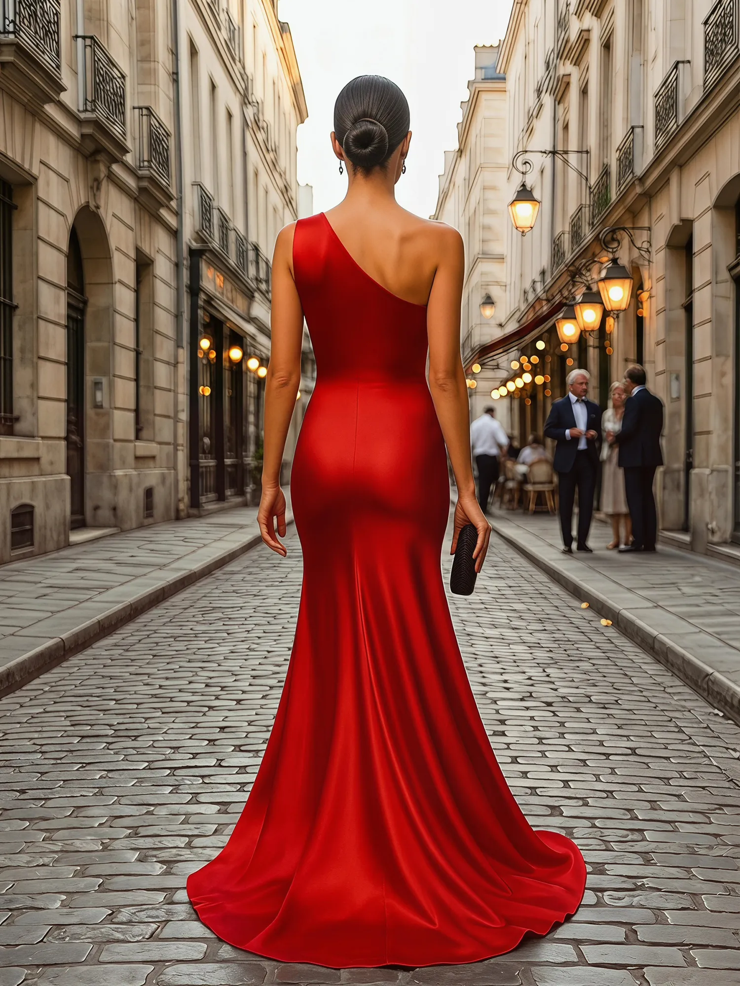 One-Shoulder Satin Gown with Waist Knot and Slit