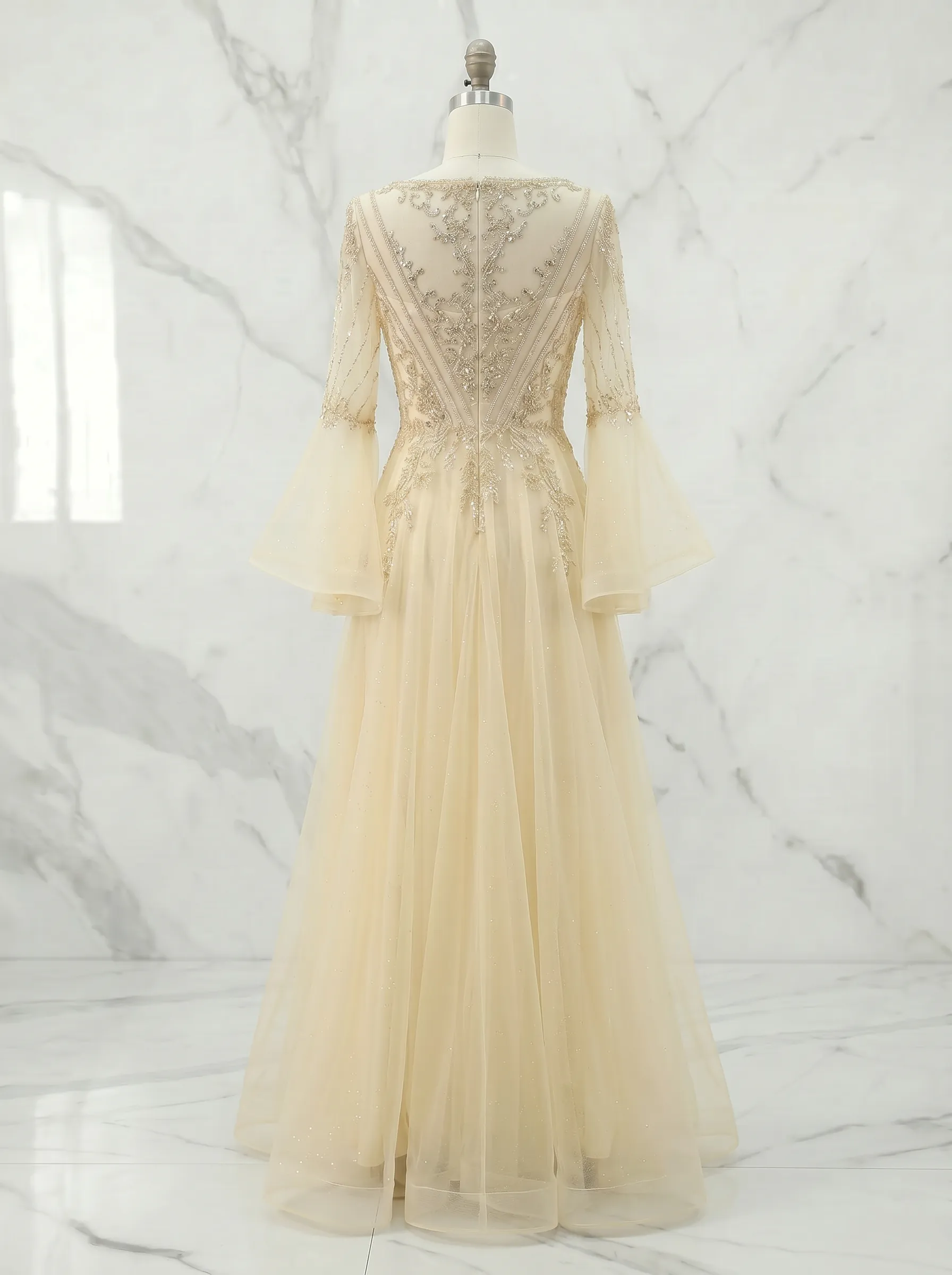 V-Neck Beaded Lace Bell Sleeve Tulle A-Line Prom Gown