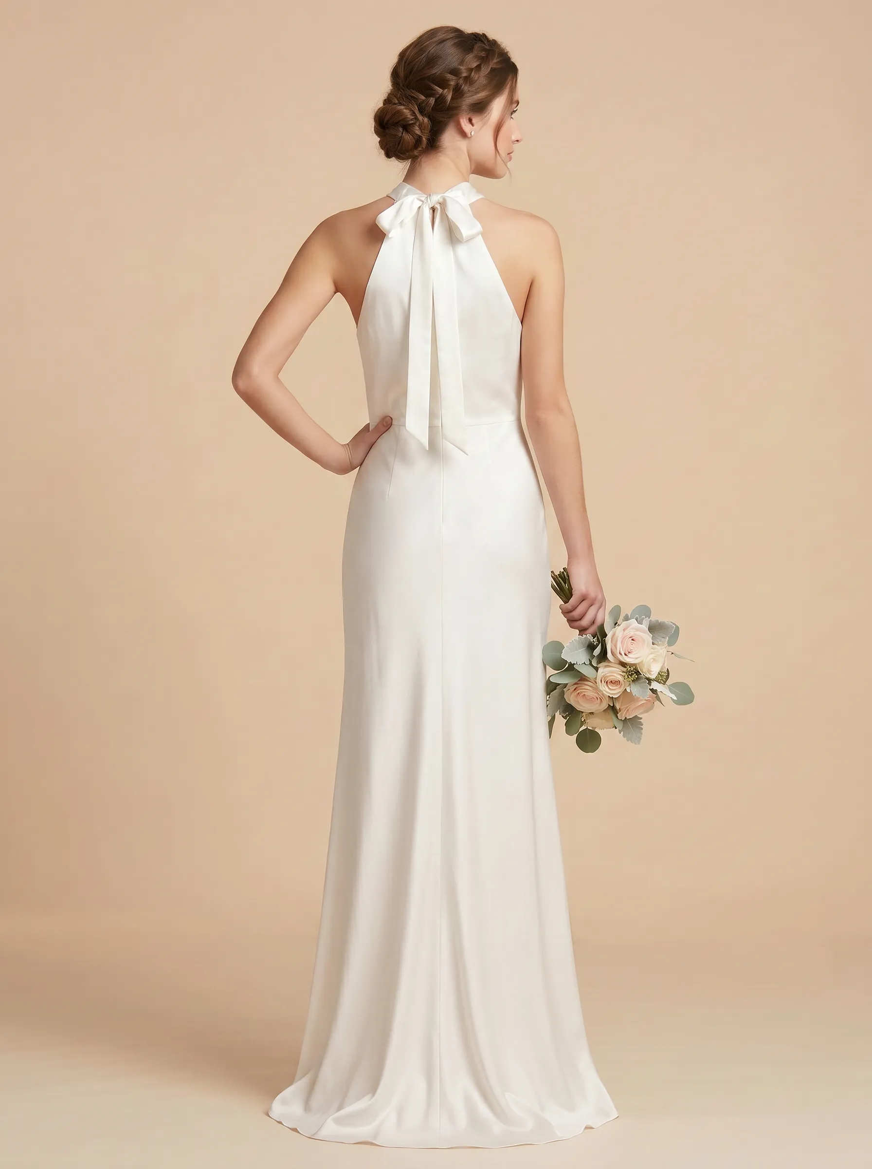 Halter Neck Satin Sheath Bridesmaid Dress with Back Bow