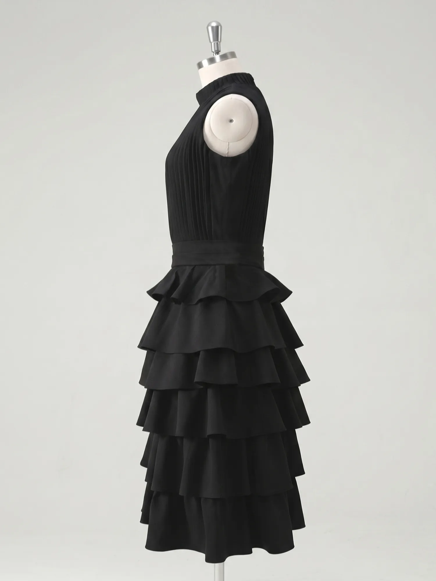 A Line High-Neck Pleated Tiered Evening Dress Maxi Dress
