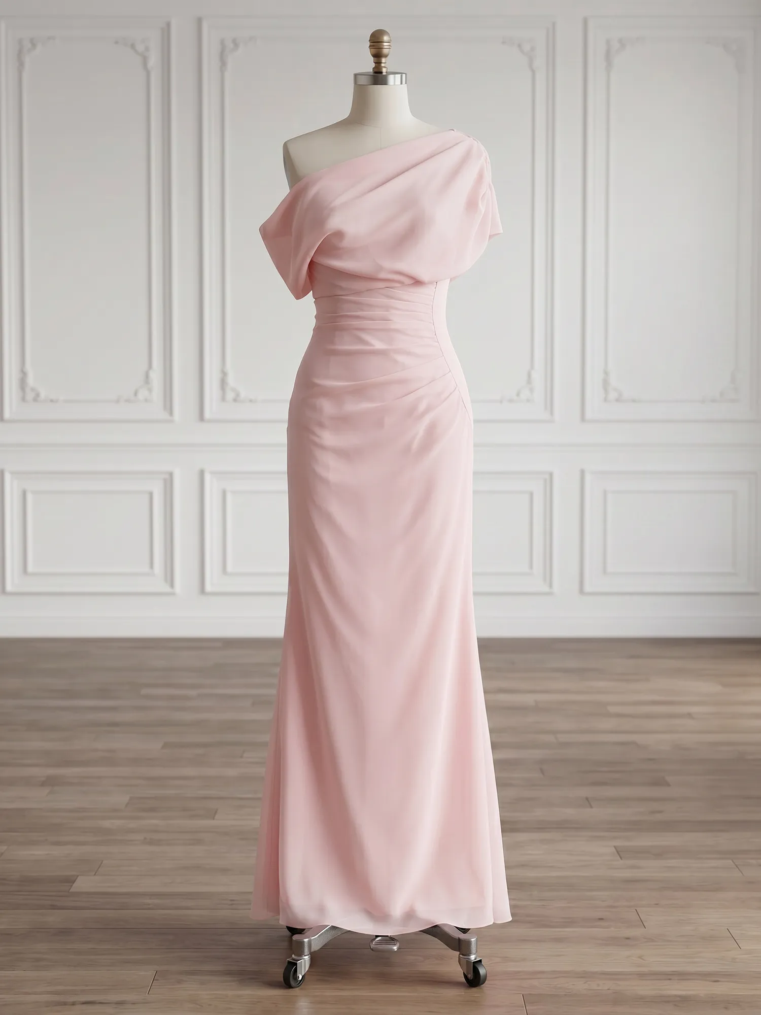 One-Shoulder Draped Chiffon Evening Gown