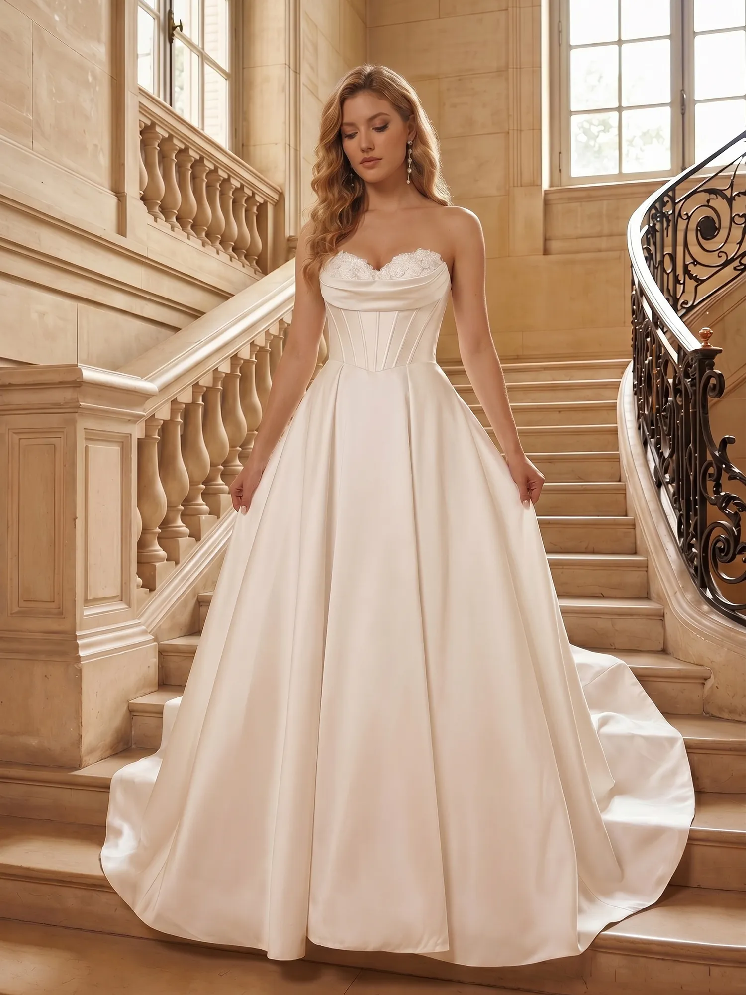 Strapless Lace-Corset Satin Ball Gown Wedding Dress