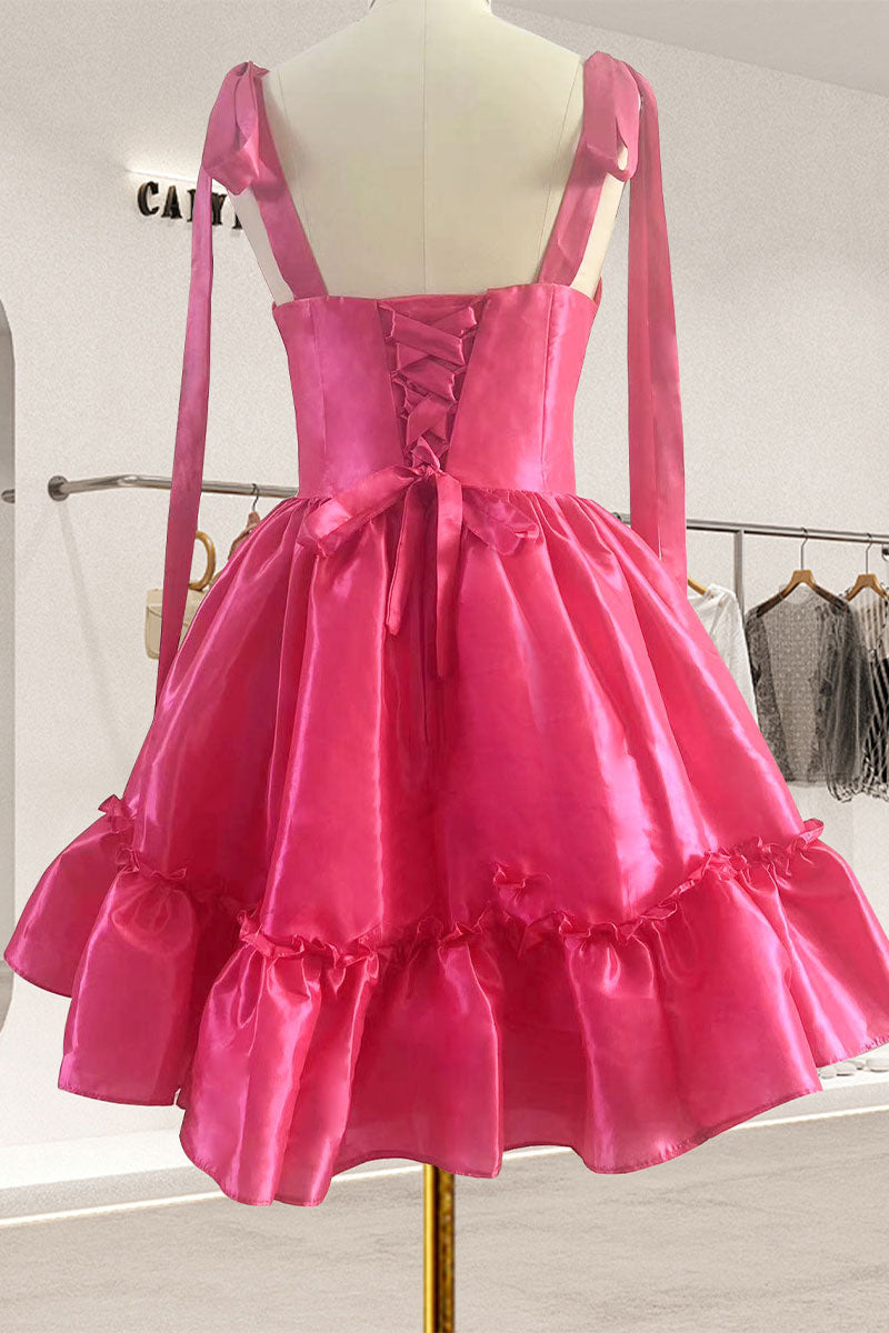 Hot Pink Sweetheart A Line Bow Short Homecoming Dress With Ruffles