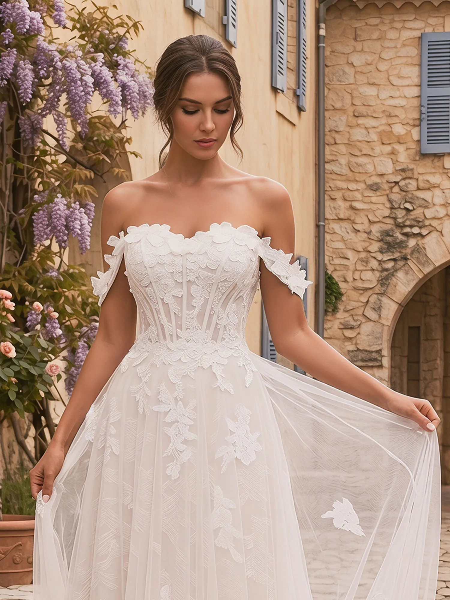 Off-the-Shoulder Lace Corset A-Line Wedding Dress