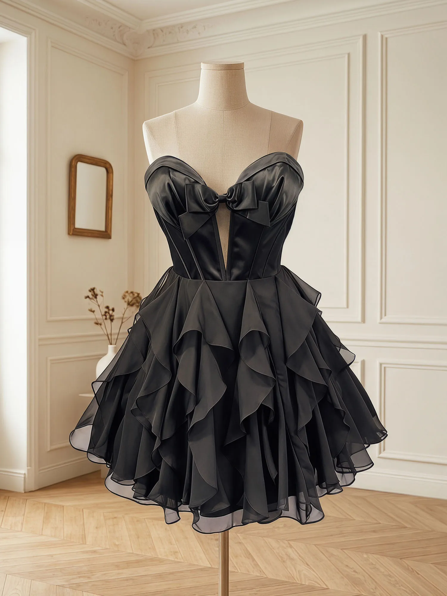 Strapless Bow Corset Ruffle Skirt Homecoming Dress