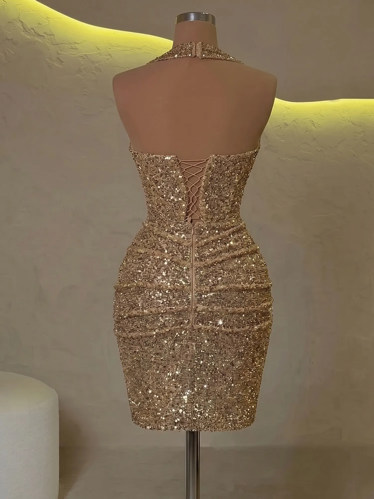Halter Sequin Corset Ruched Homecoming Dress