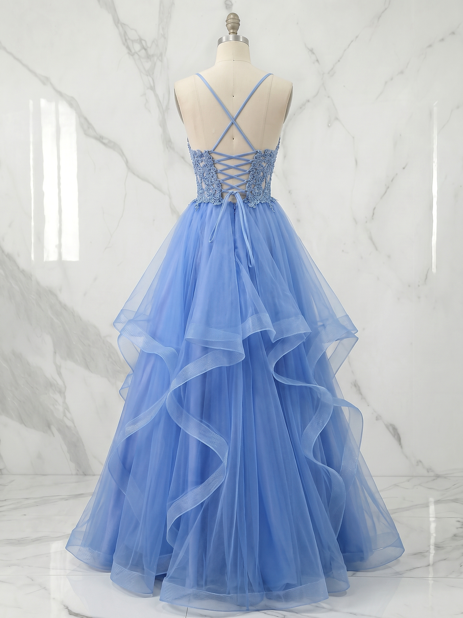 Spaghetti Strap Lace Corset Ruffle Tulle Prom Gown