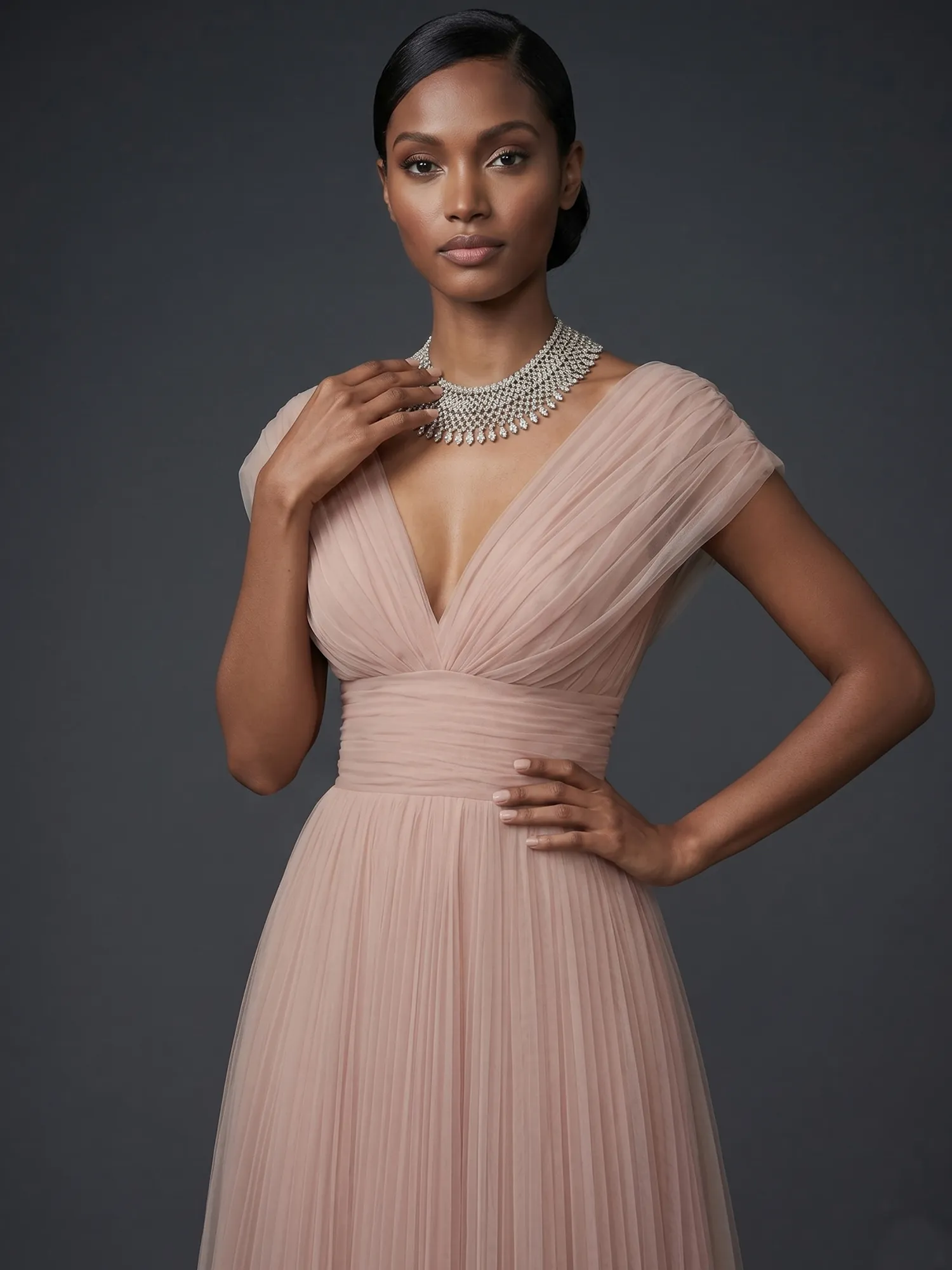 Draped V-Neck Pleated Tulle Evening Gown Maxi Dress